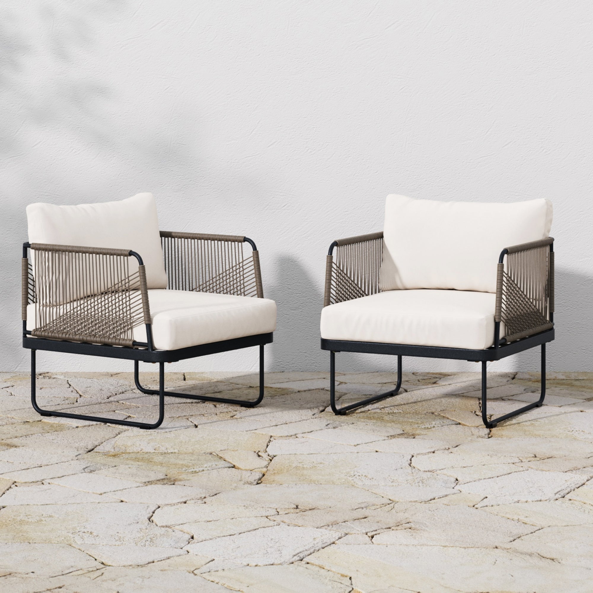 Set of 2 Outdoor Cord Patio Arm Chairs White
