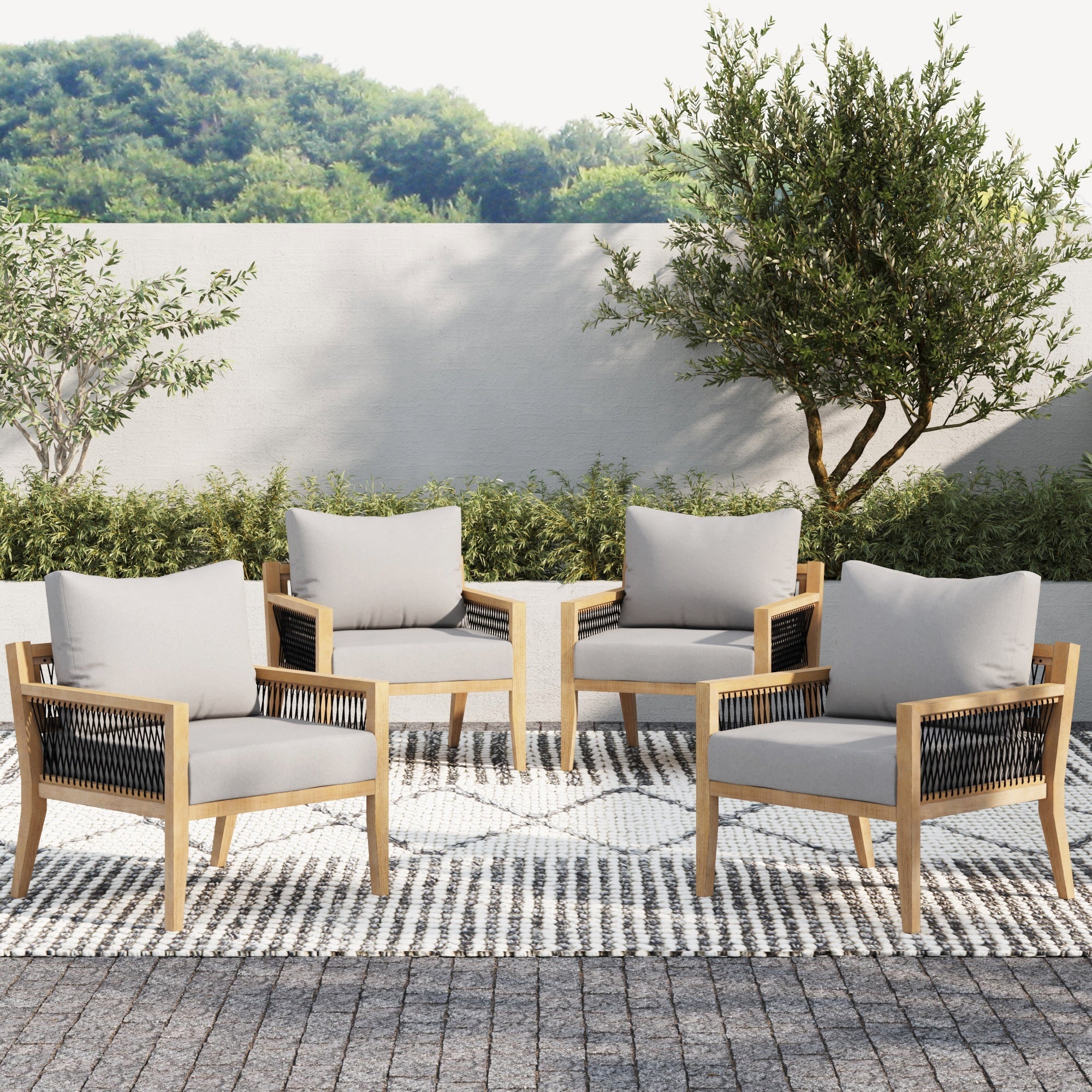 Set of 4 Outdoor Wood Cushioned Patio Chairs