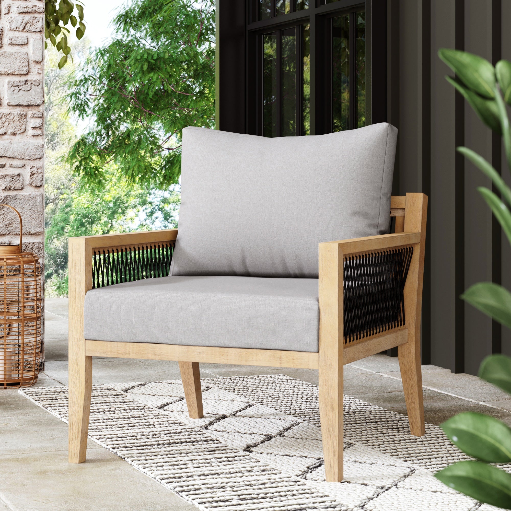 Set of 4 Outdoor Wood Cushioned Patio Chairs