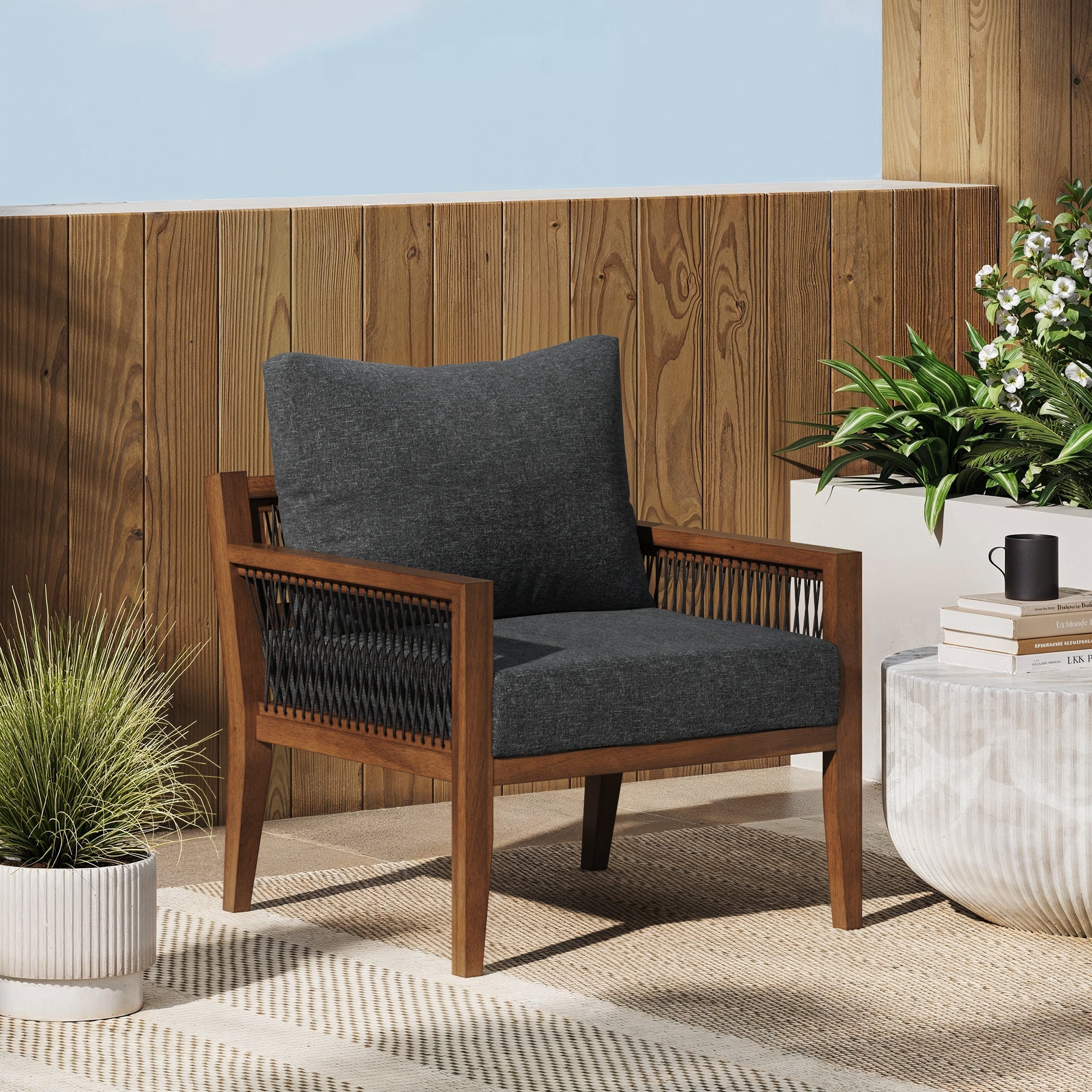 Freya Outdoor Patio Wood Arm Chair Gray Dark Acacia Nathan James