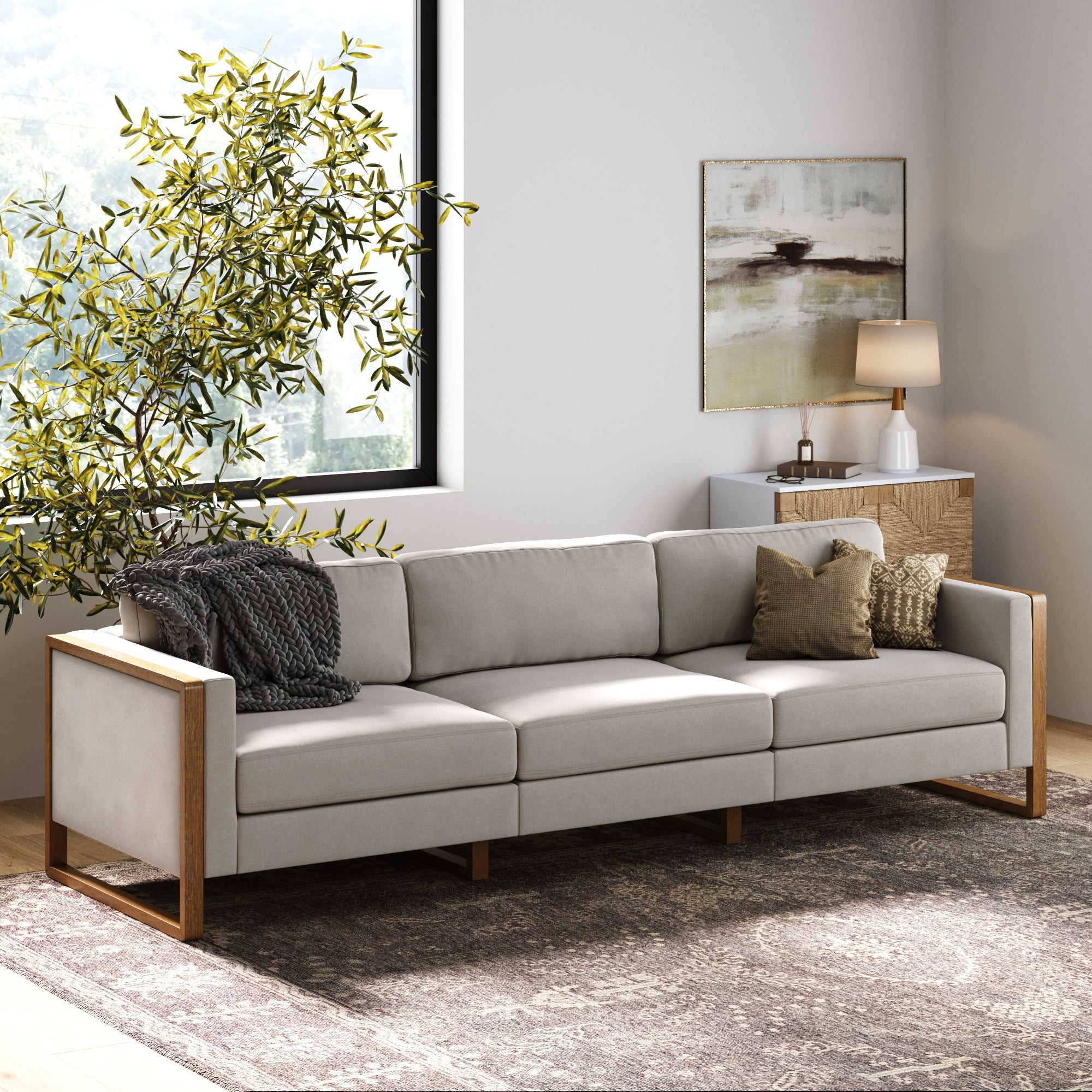 Modern Upholstered 3-Seat Wood Frame Sofa