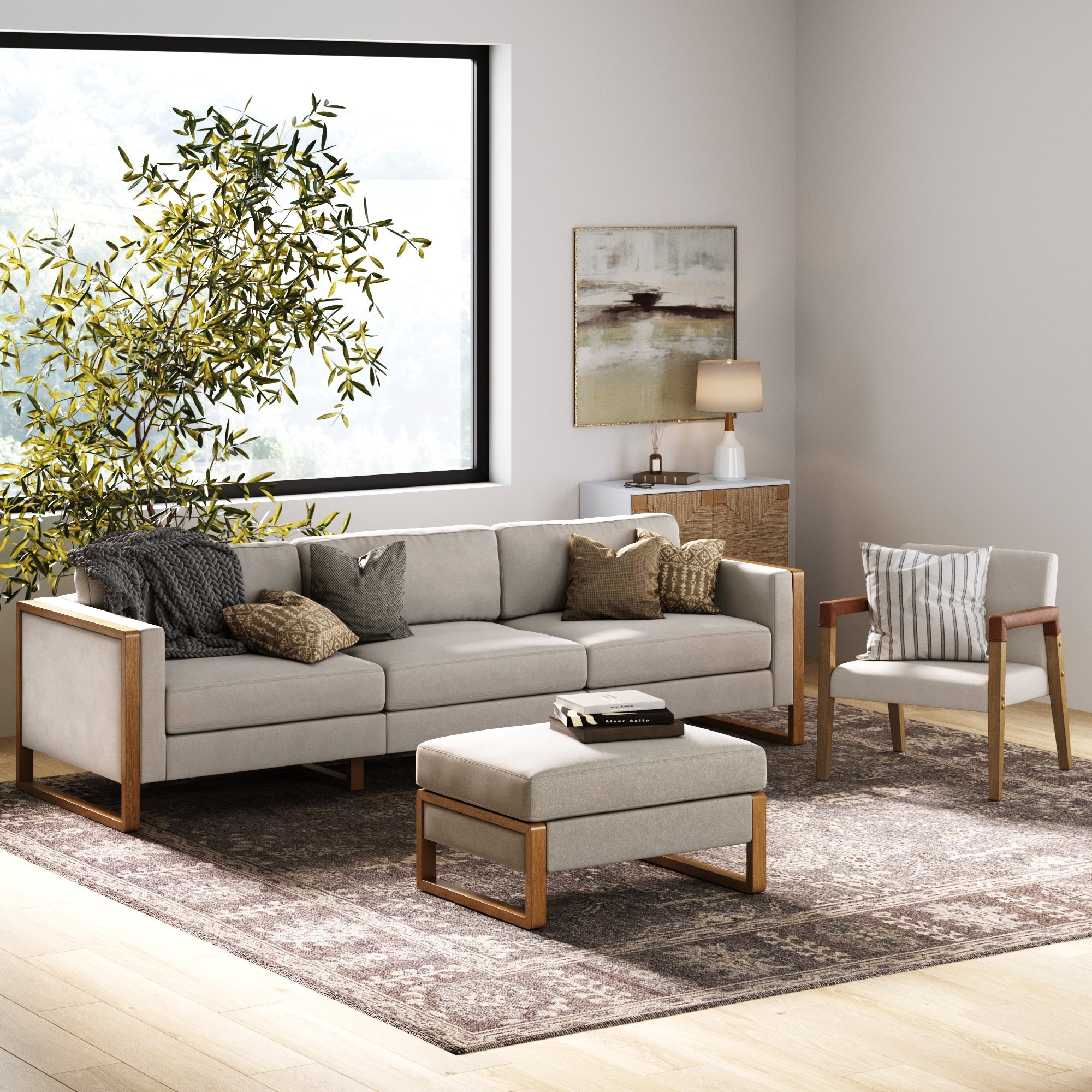 Modern Upholstered 3-Seat Sofa & Ottoman