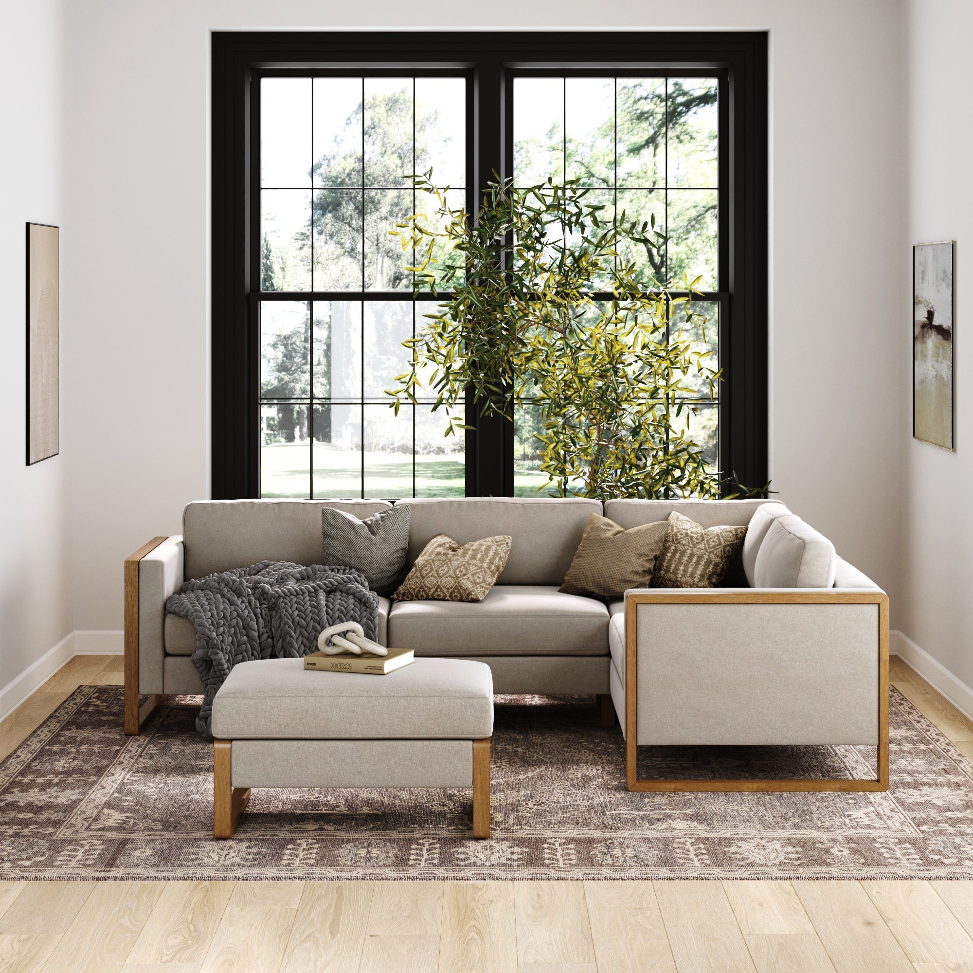 Modern Upholstered 4-Seat Sectional & Ottoman