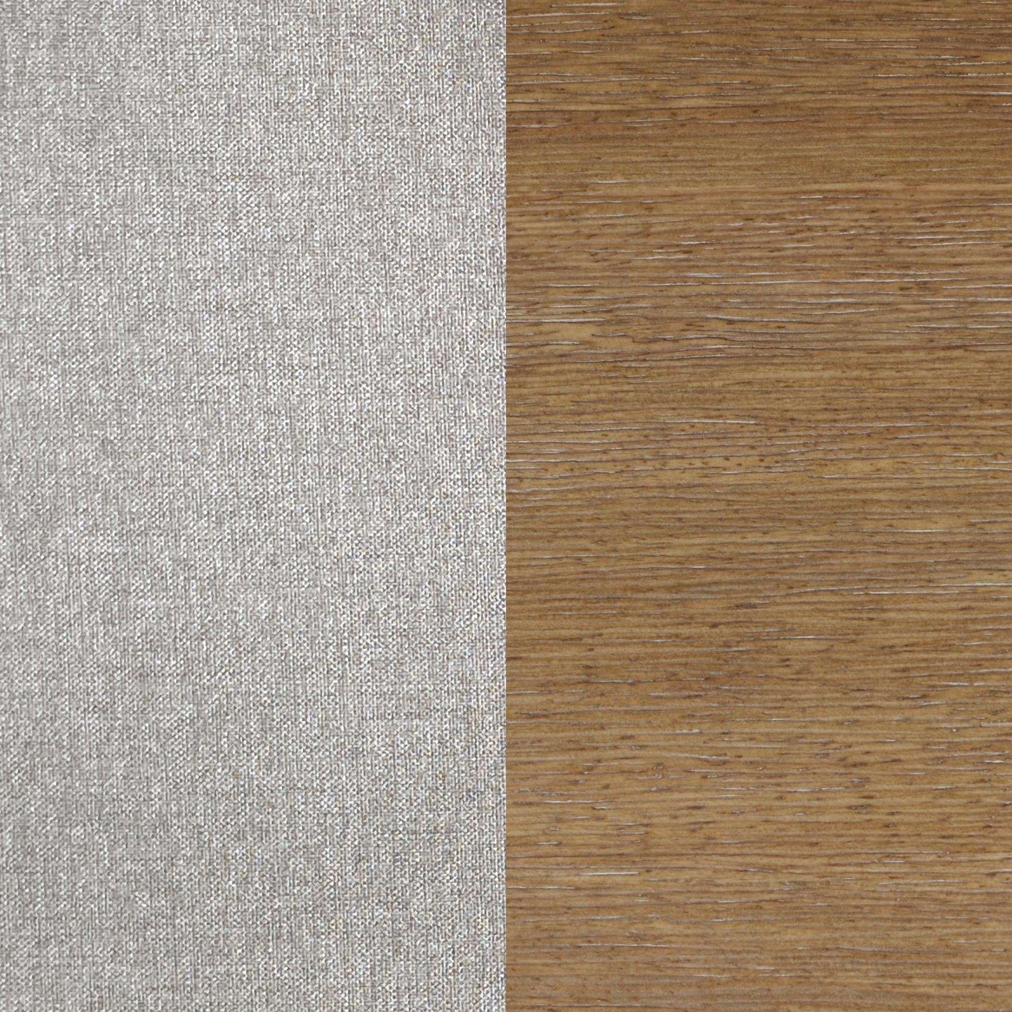 A close-up view of two materials side by side: light gray fabric with a subtle texture on the left and light brown wood with visible grain patterns on the right.