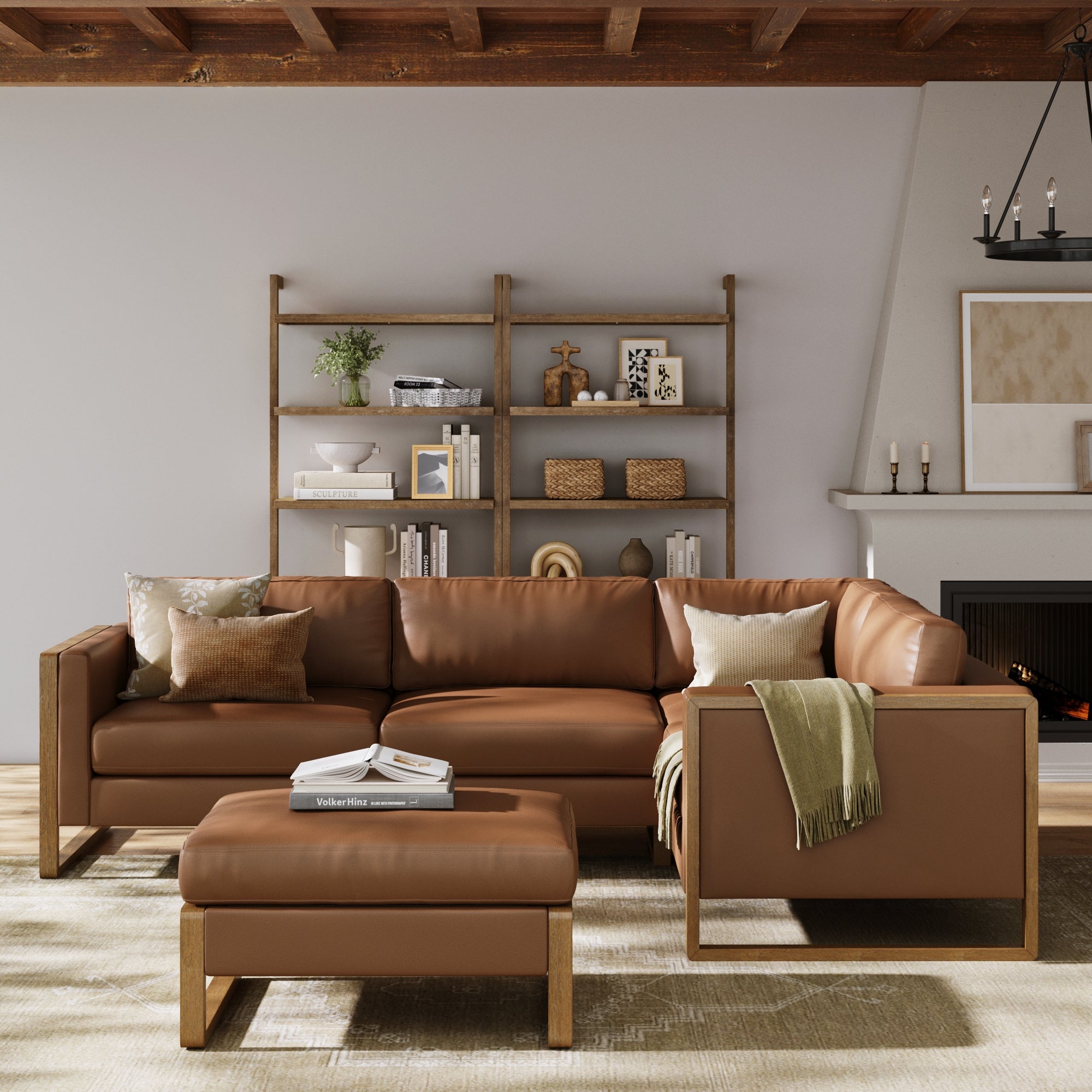 4-Seat Leather Sectional & Ottoman Camel