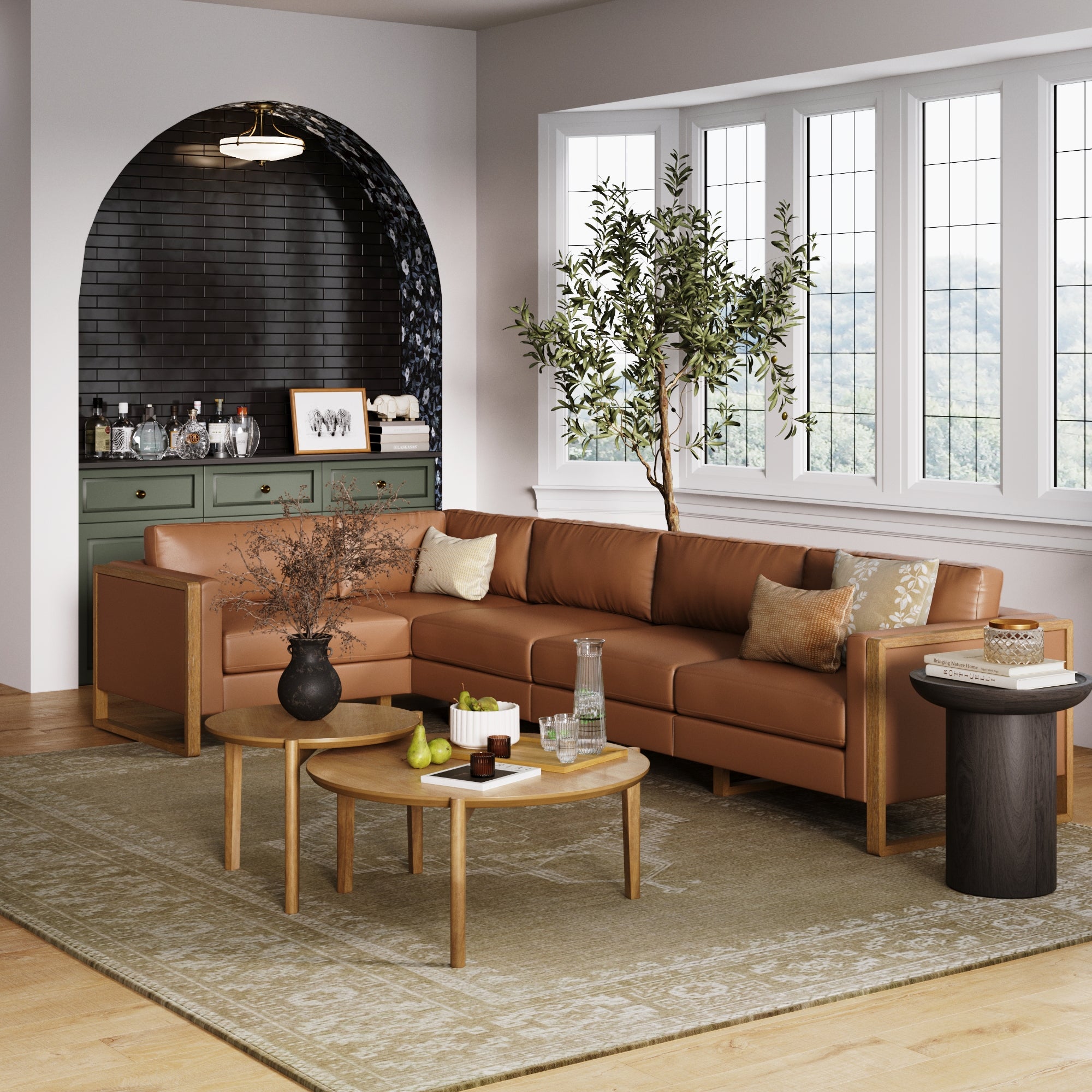 Upholstered Leather 5-Seat Sectional Sofa Camel