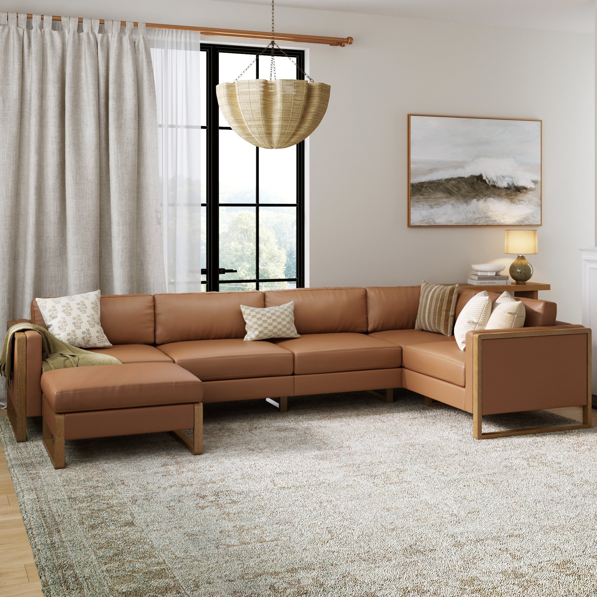 5-Seat Leather Sectional Sofa & Ottoman Camel