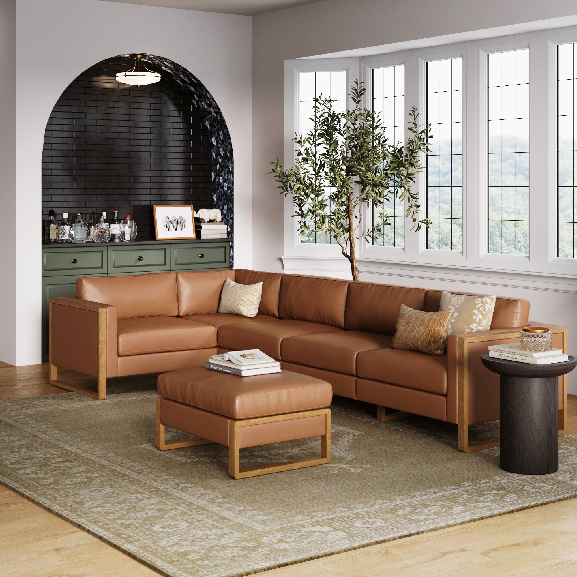 5-Seat Leather Sectional Sofa & Ottoman Camel