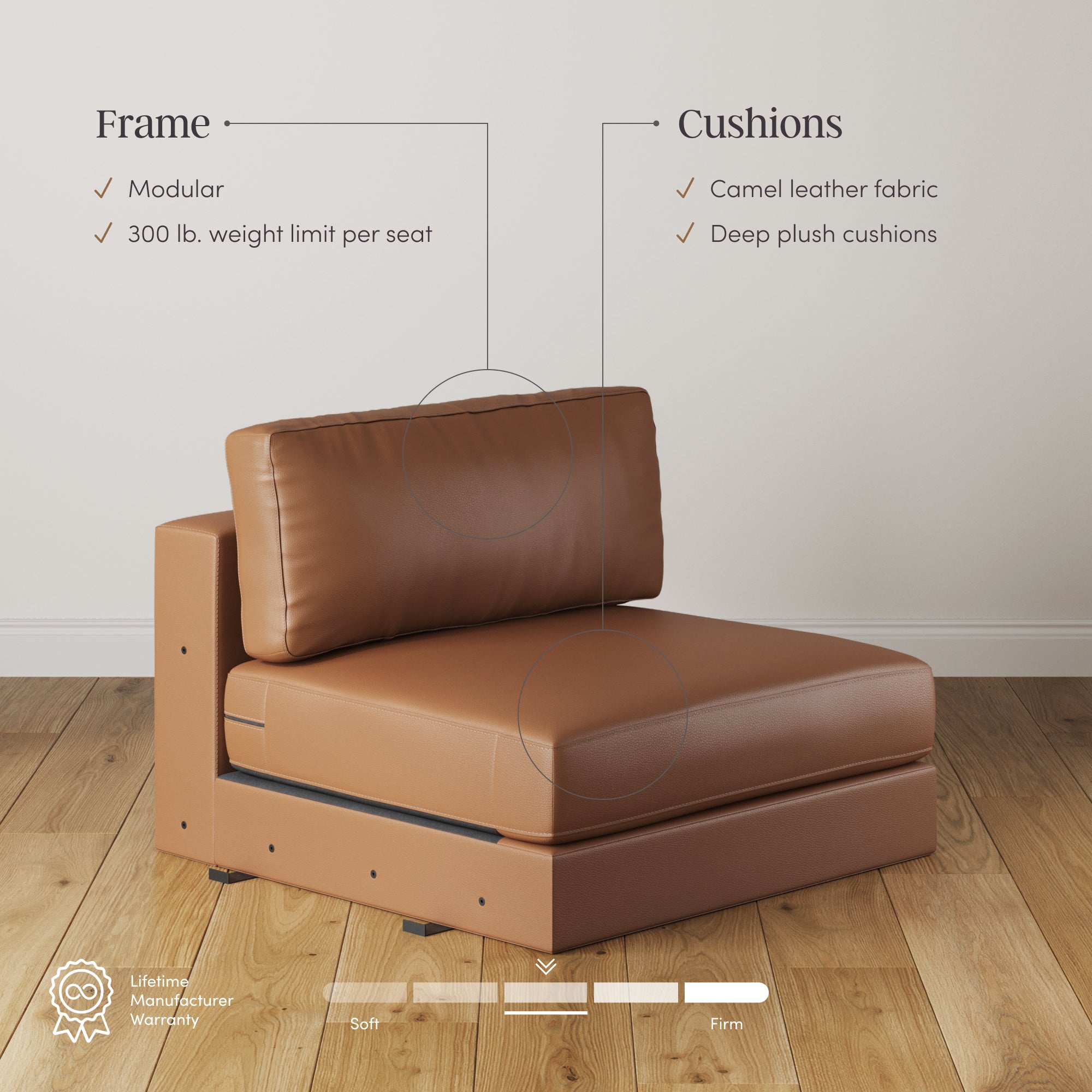A modern brown modular armless chair with camel leather fabric and deep plush cushions sits on a wooden floor. Text highlights its modular frame, 300 lb. weight limit per seat, soft-to-firm comfort, and lifetime warranty.