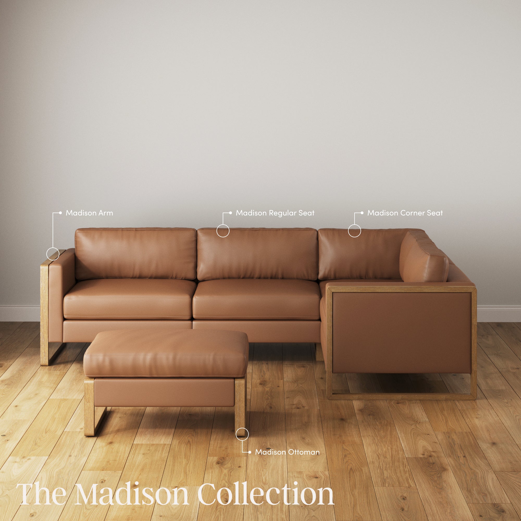 A brown leather sectional sofa with labeled parts—Madison Arm, Madison Regular Seat, Madison Corner Seat—sits on a wooden floor with a matching Madison Ottoman in front. Text reads The Madison Collection.