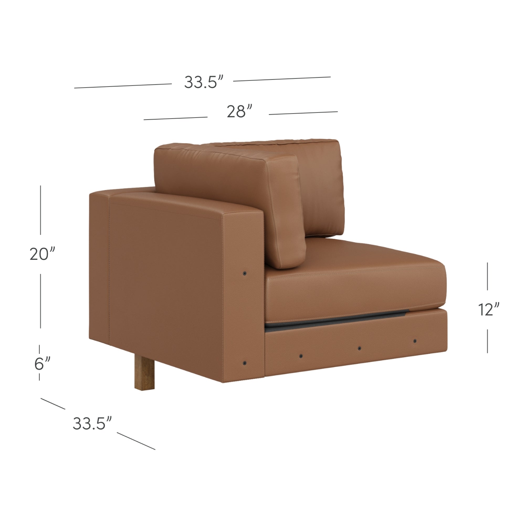 A brown modern armless chair with a cushion and back support, shown with dimensions: 33.5 width, 33.5 depth, 28 seat depth, 20 back height, 12 seat height, and 6 leg height.