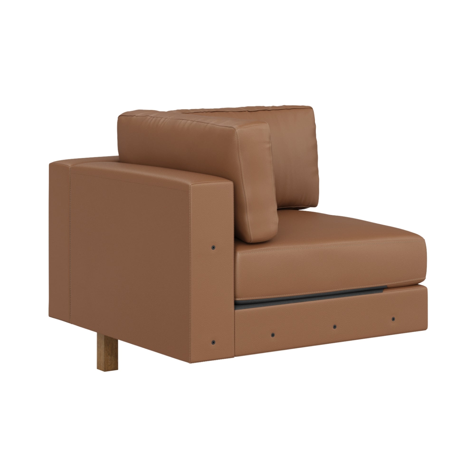 A modern brown leather armless chair with a cushioned seat and backrest, featuring simple lines and a wooden leg, set against a white background.