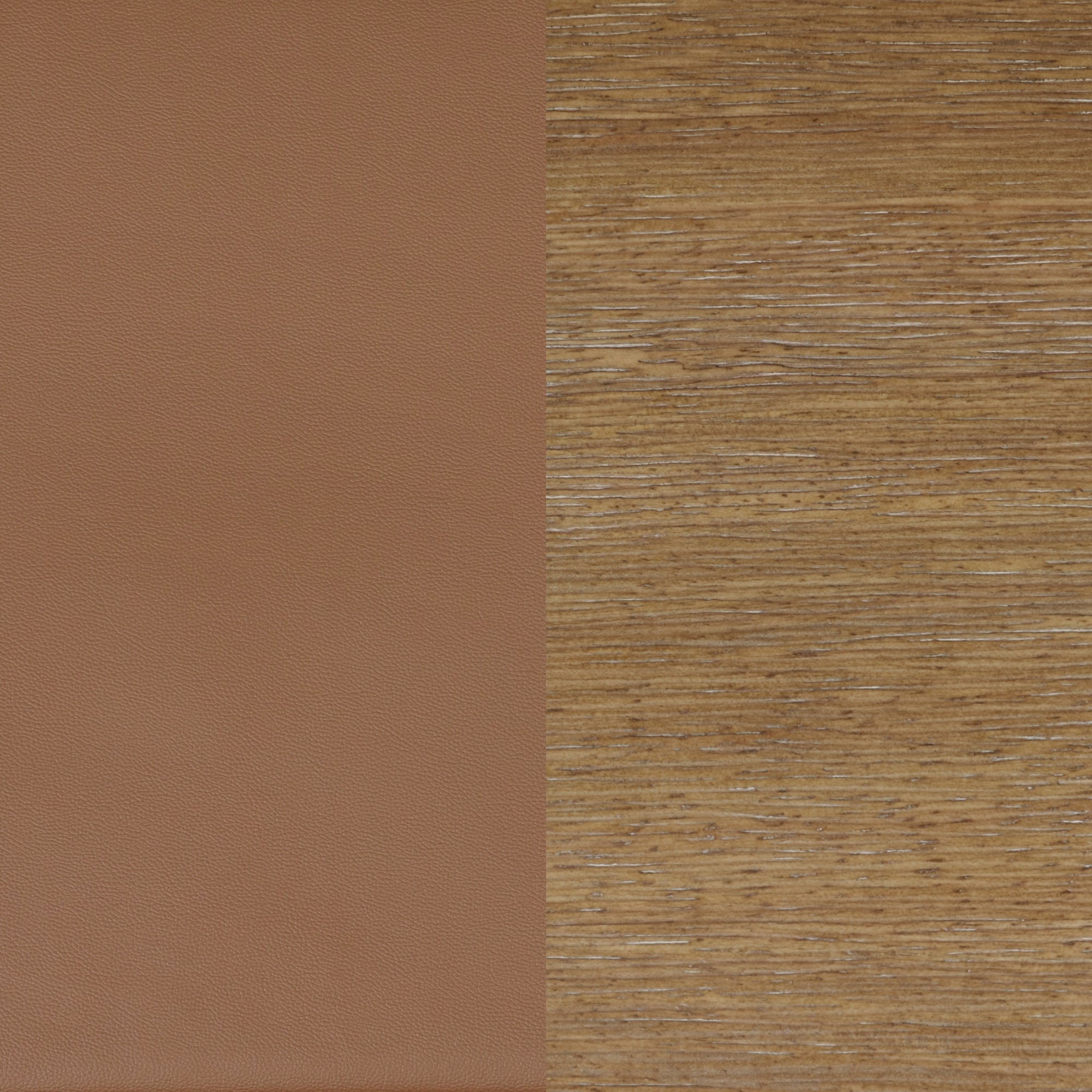 A close-up image split vertically: the left side shows smooth brown leather, while the right side displays textured, grainy wood.