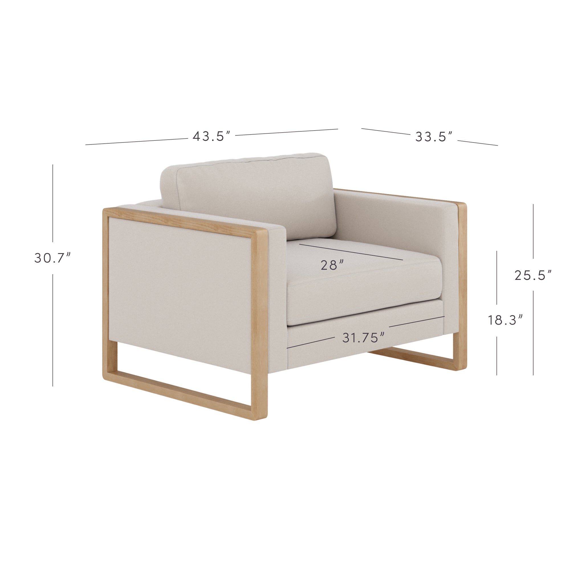 A modern armchair with light-colored upholstery and wooden frame. Dimensions are marked: 43.5 wide, 33.5 deep, 30.7 tall, seat 28 wide, seat depth 31.75, arm height 25.5, and seat height 18.3.
