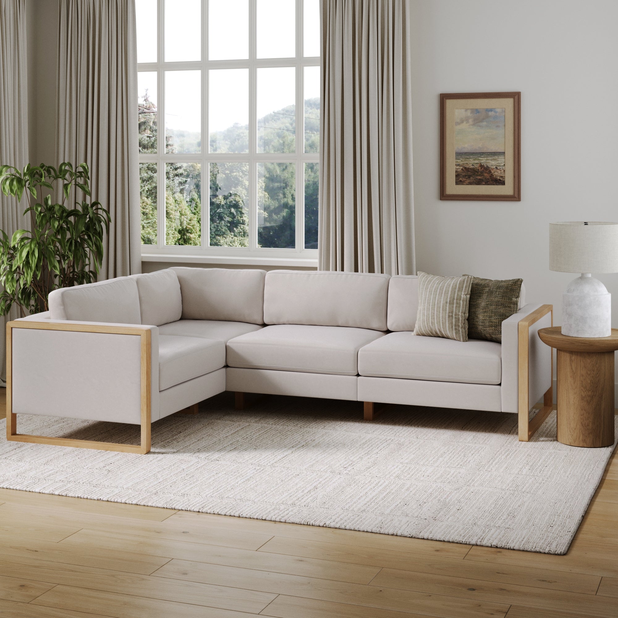 Modern 4-Seat Sectional & Ottoman Bisque Linen