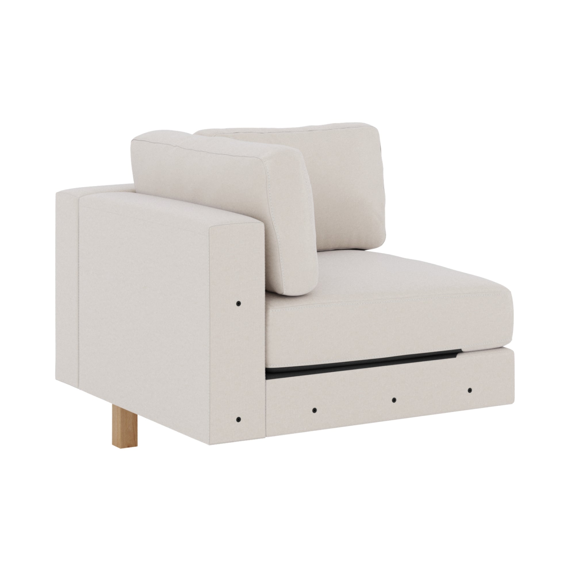 A modern, light beige sectional sofa corner piece with two back cushions, exposed wood leg, and minimalistic design elements.