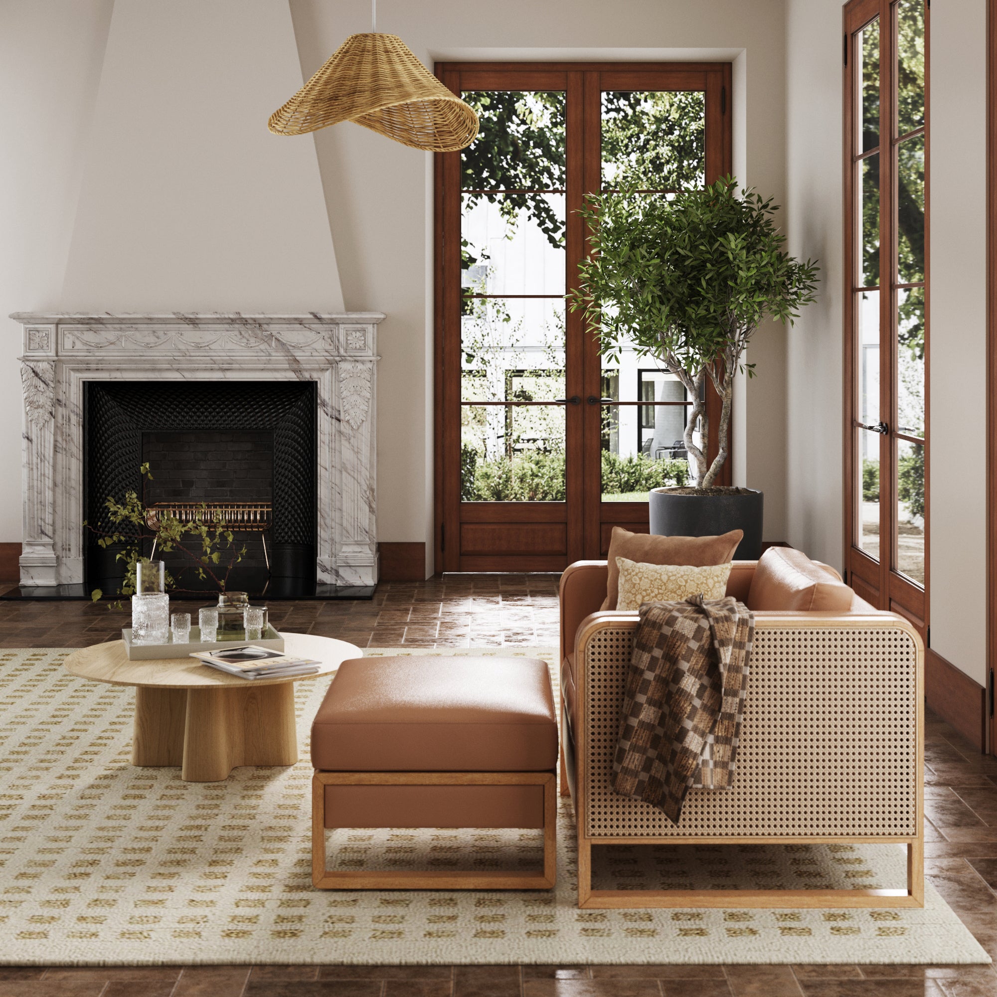 Madison Solid Wood Rattan Accent Chair with Ottoman Set Nathan James