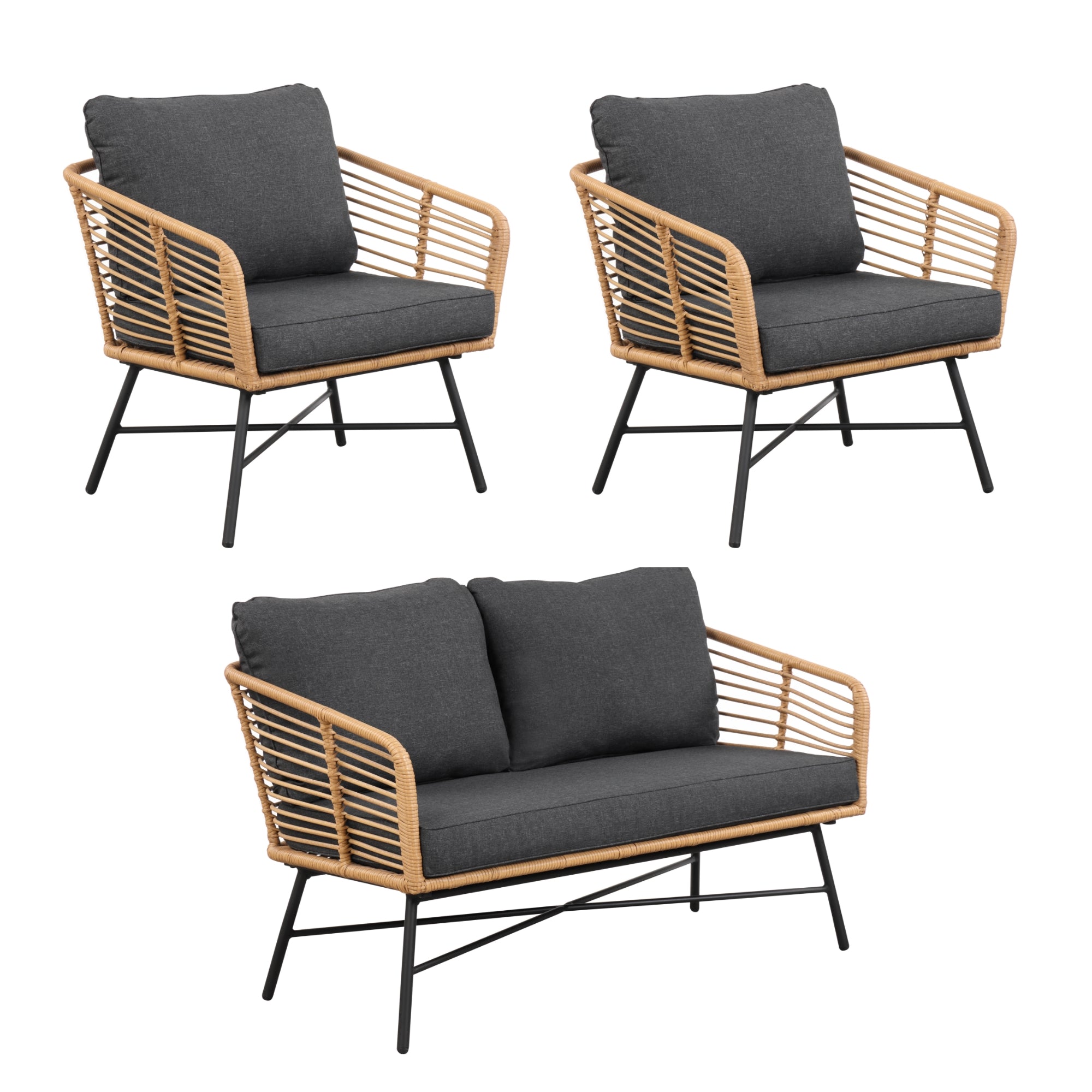 Outdoor Set Wicker Loveseat & 2 Chairs Dark Gray