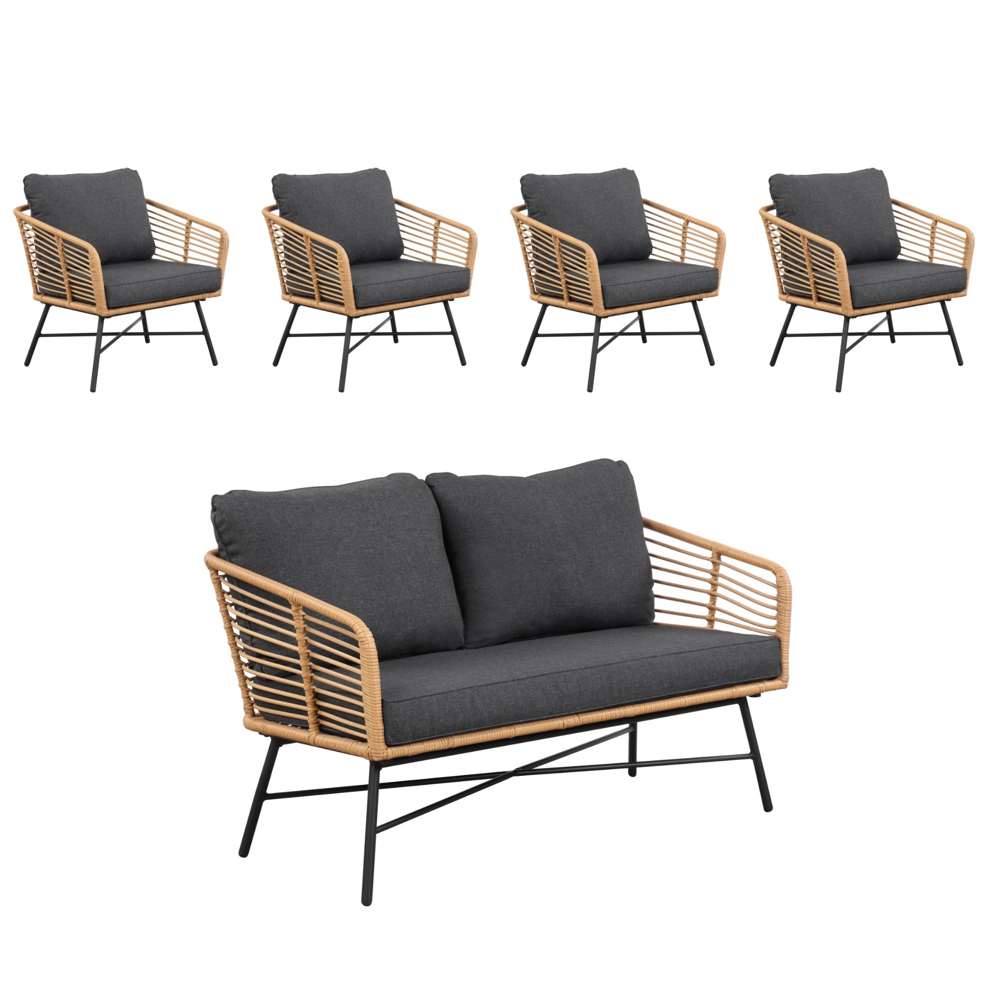 Outdoor Set Wicker Loveseat & 4 Chairs Dark Gray