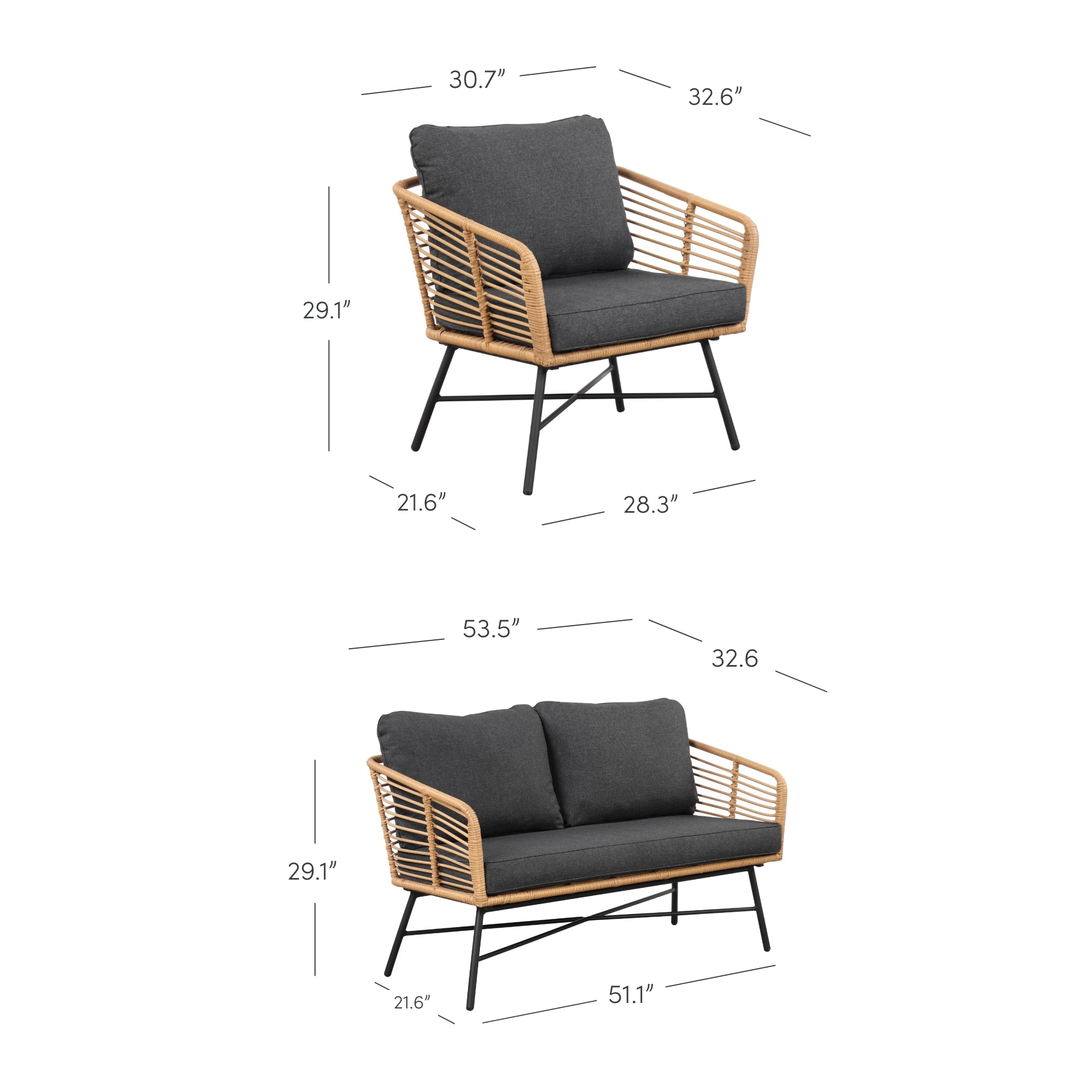 Set of 2 Outdoor Loveseats & 2 Chairs Dark Gray