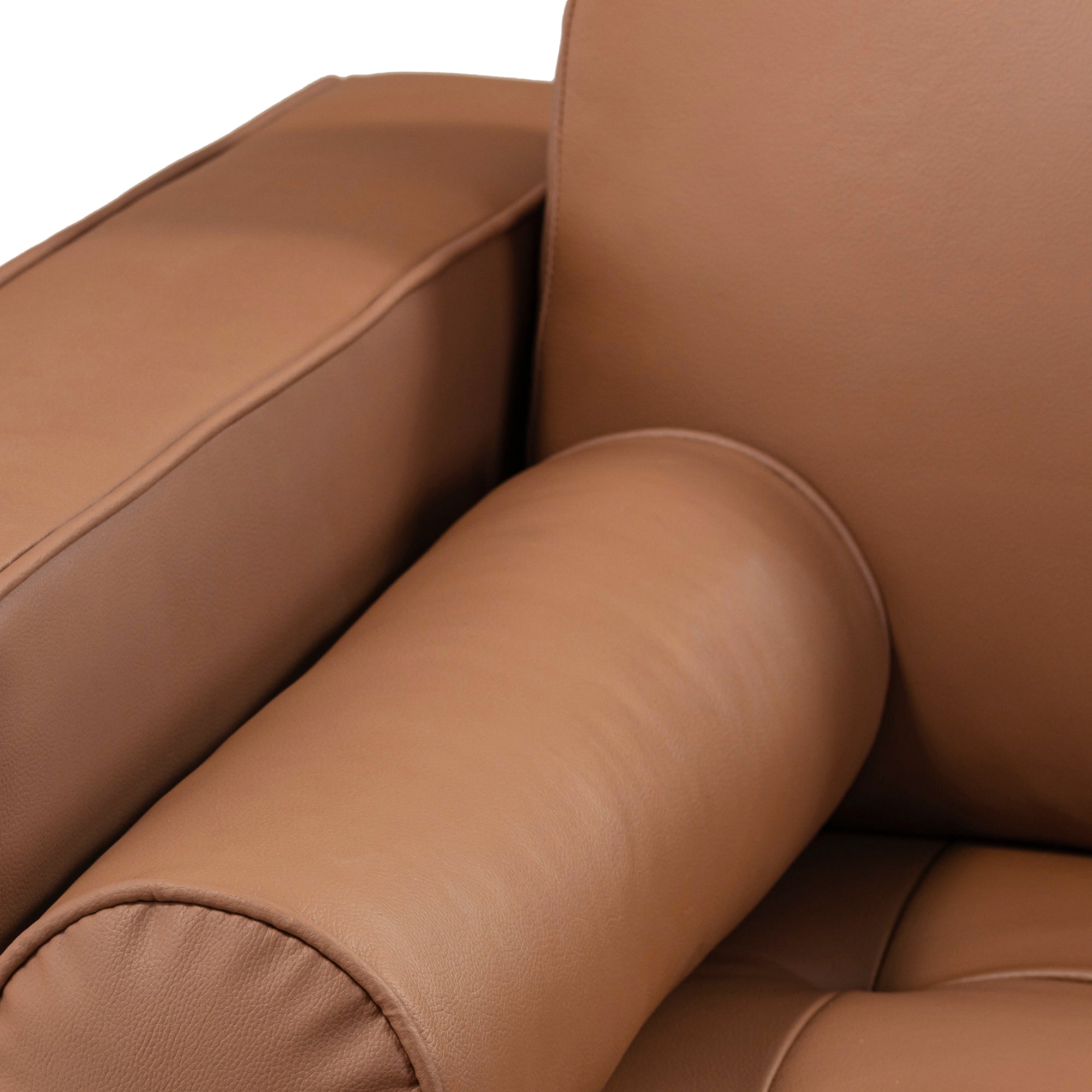 Close-up of a brown leather armchair, showing a plush cylindrical armrest and part of the seat and backrest with smooth stitching details.