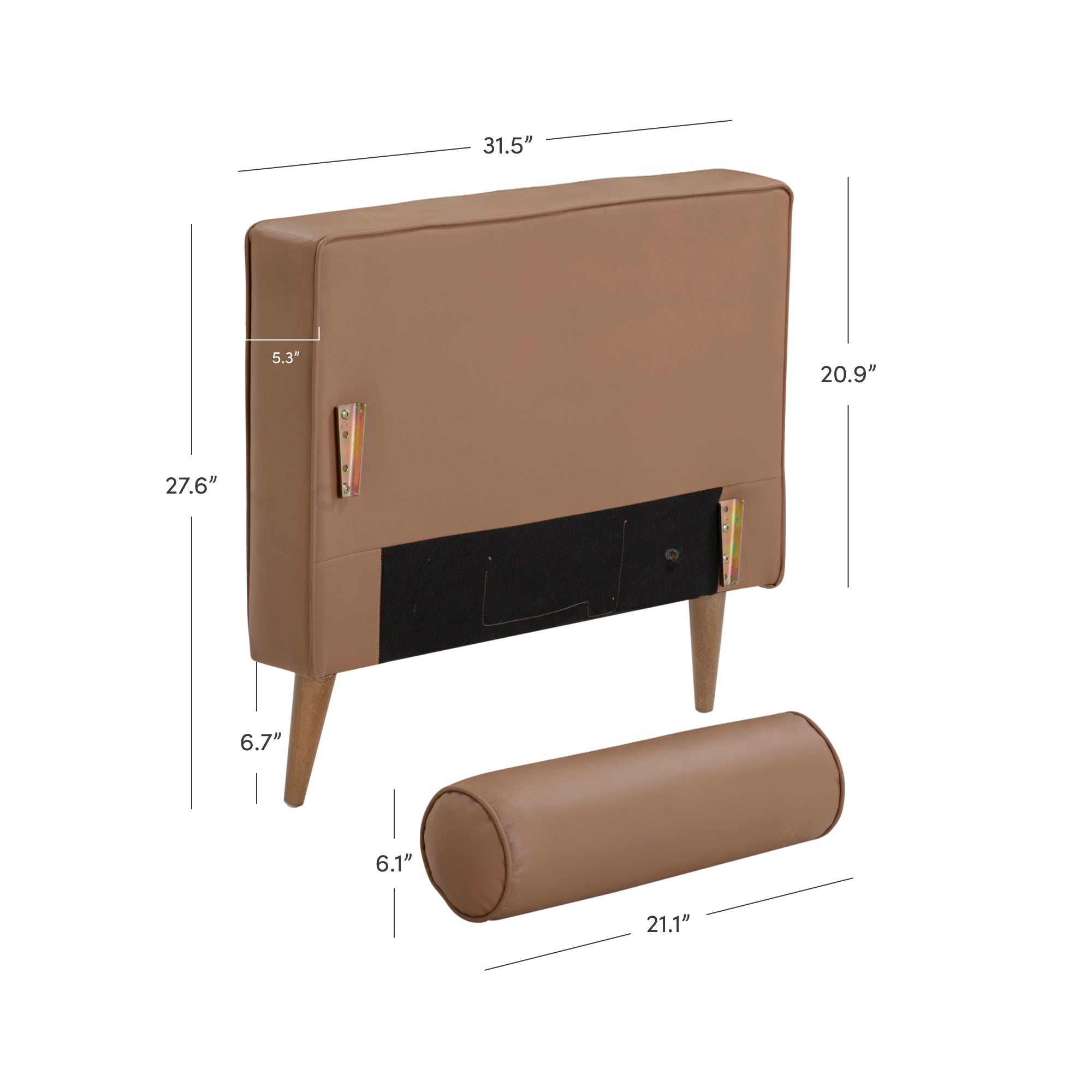 Tan upholstered headboard with wooden legs, measuring 31.5 wide and 27.6 high. A matching cylindrical bolster pillow, 21.1 long and 6.1 diameter, is in front. Various dimensions of the headboard are labeled.