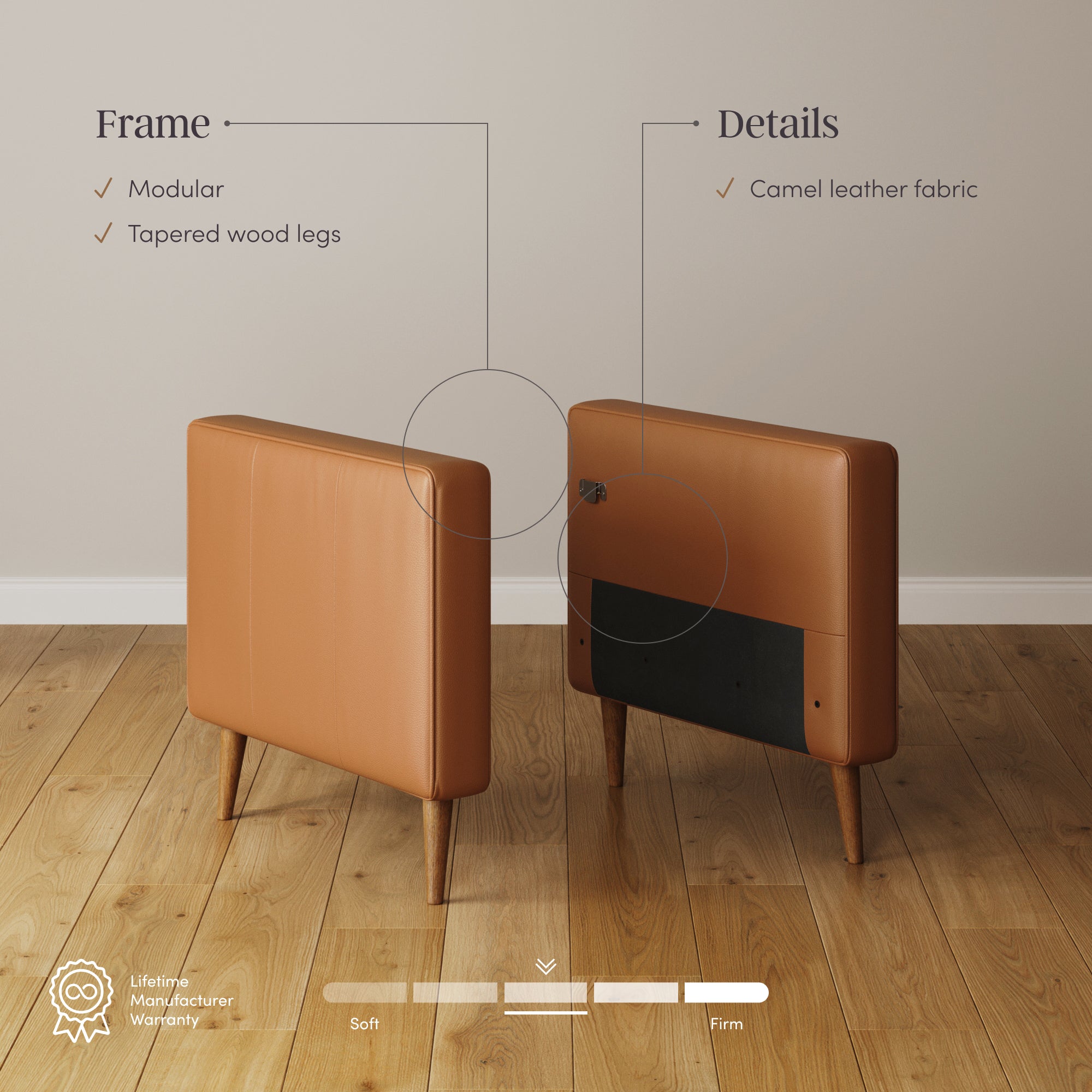 Two camel leather upholstered bed frames with tapered wood legs are displayed on a wooden floor. One frame shows the front; the other shows the back. Text highlights modular design and fabric details. Firmness scale appears at the bottom.