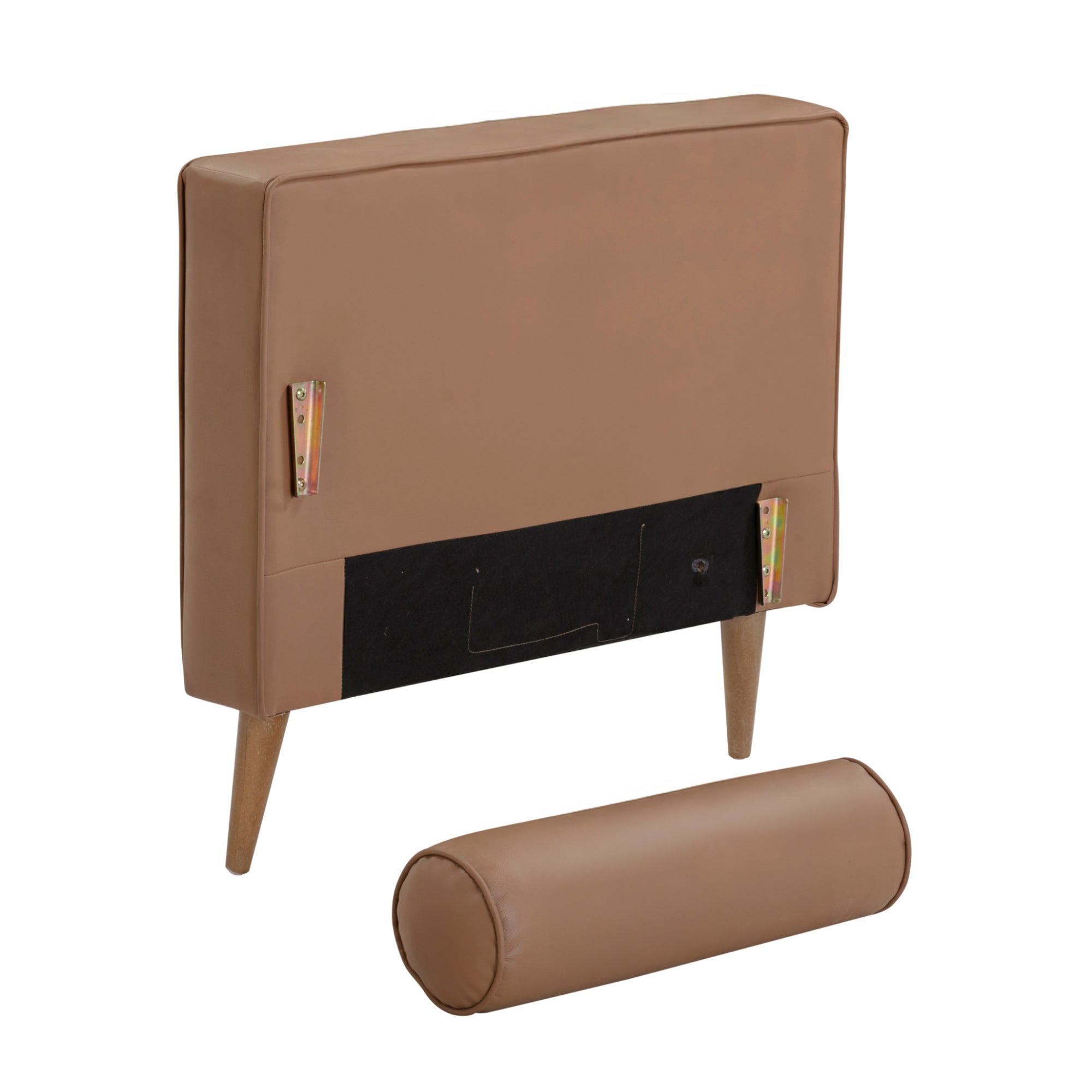 A brown upholstered headboard with wooden legs is shown standing upright. In front of it lies a matching cylindrical bolster pillow. The back of the headboard has visible metal brackets and a black fabric panel.