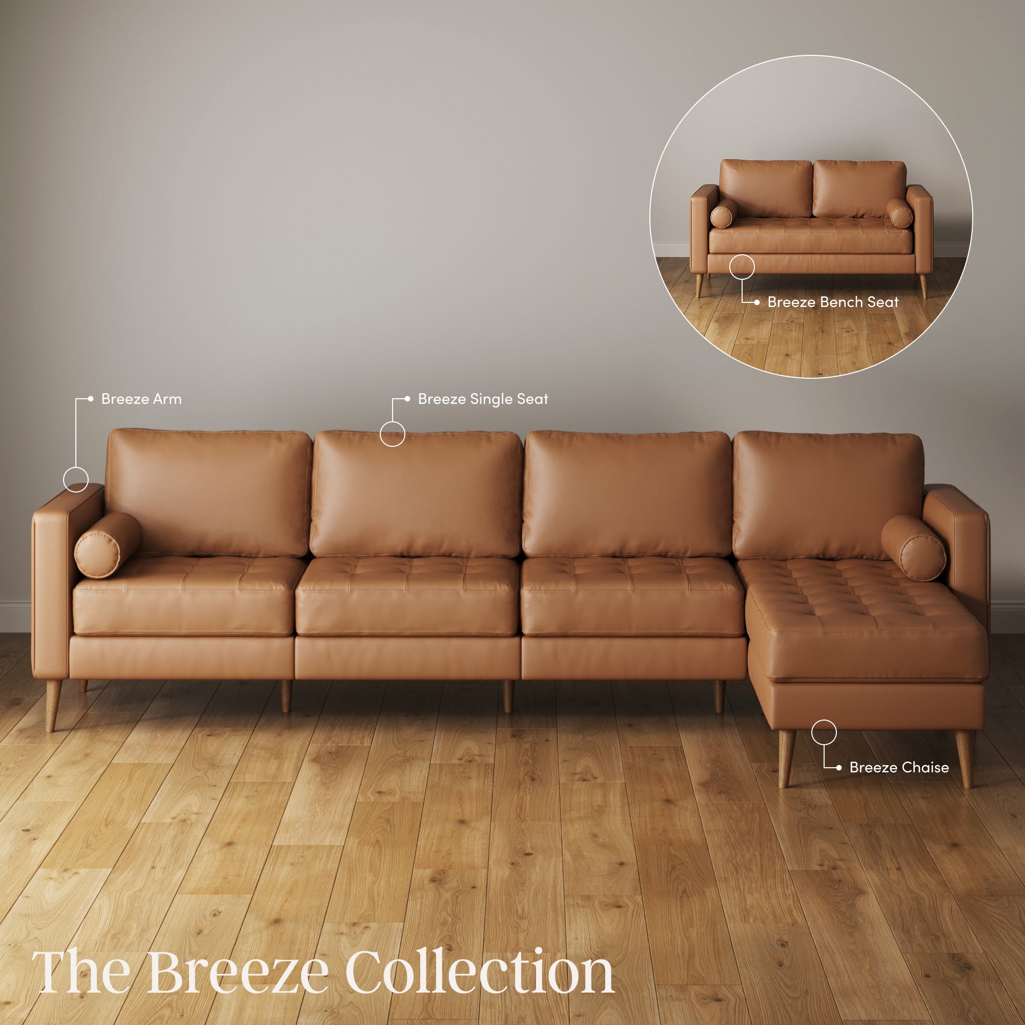 A brown leather sectional sofa with labeled parts: Breeze Arm, Breeze Single Seat, and Breeze Chaise. An inset shows a matching bench seat. Text reads “The Breeze Collection” on a wooden floor background.