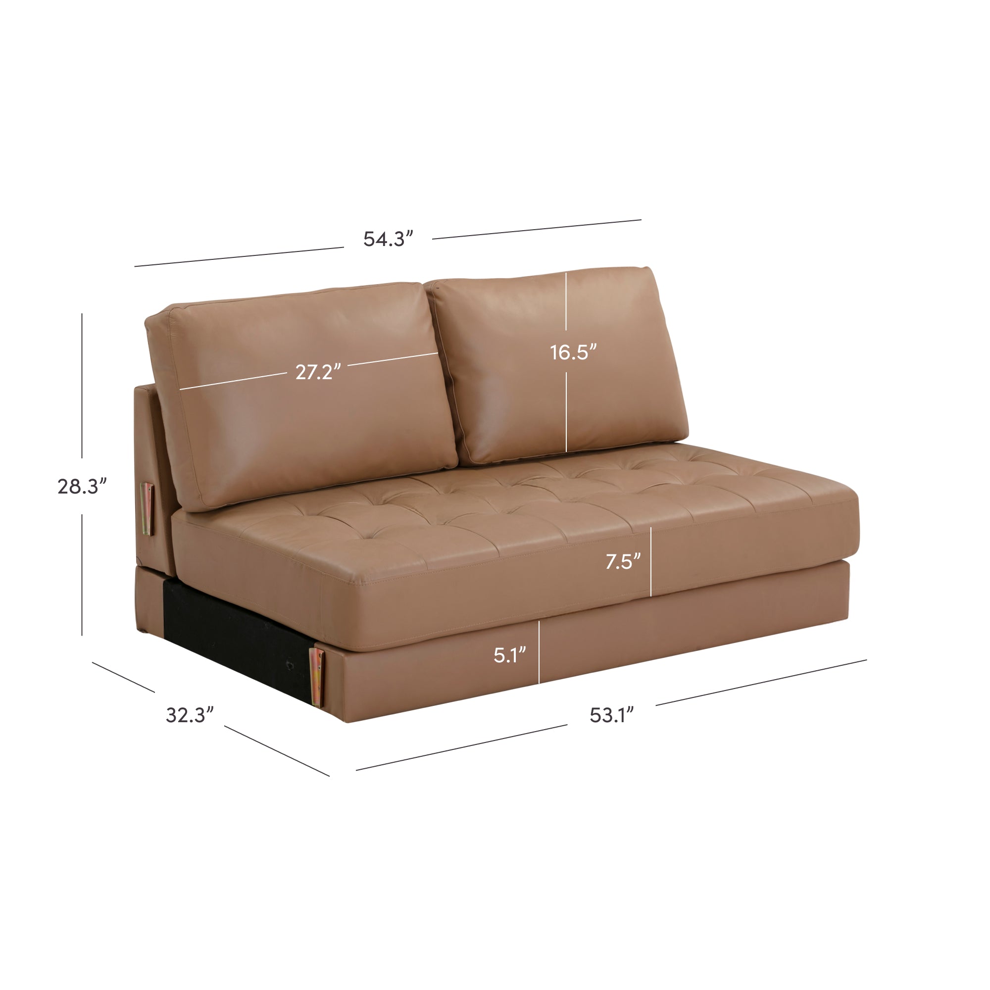 Light brown armless loveseat with tufted seat, two back cushions, and visible dimension lines: 54.3 wide, 28.3 high, 32.3 deep, with labeled seat and cushion measurements in inches.