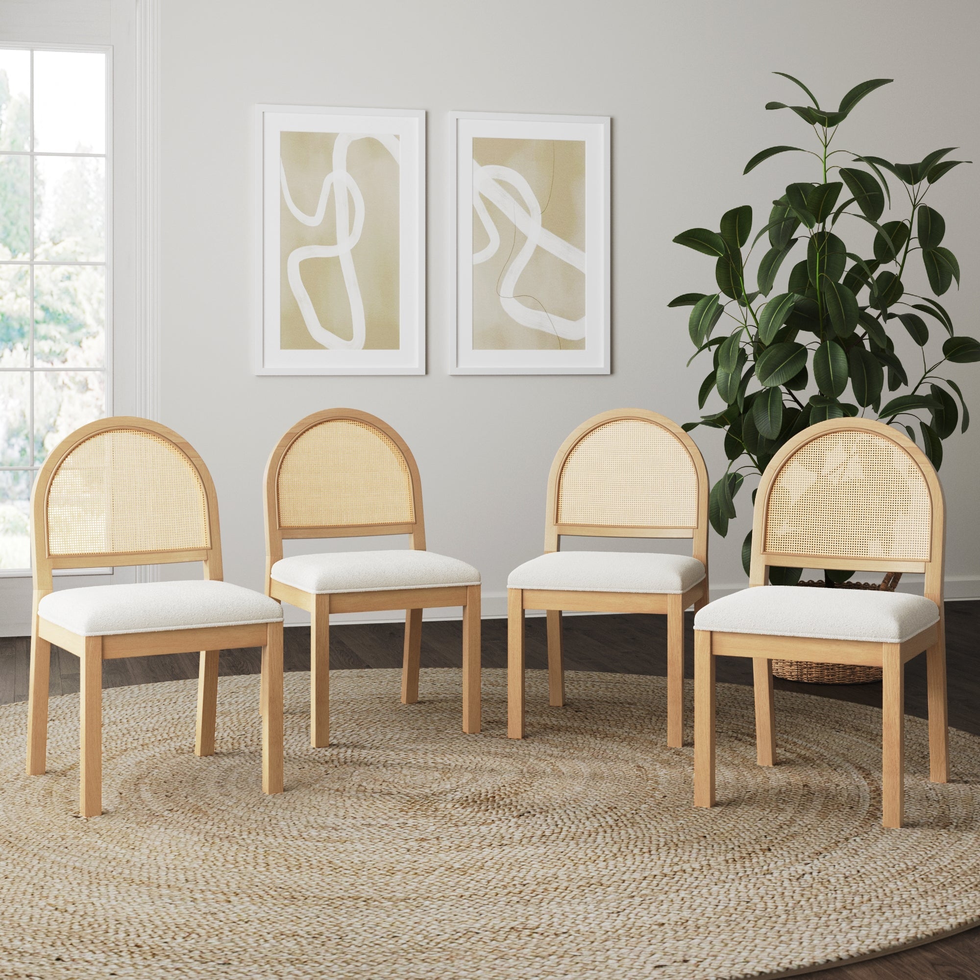 Boucle & Natural Rattan Dining Chair Set of 4
