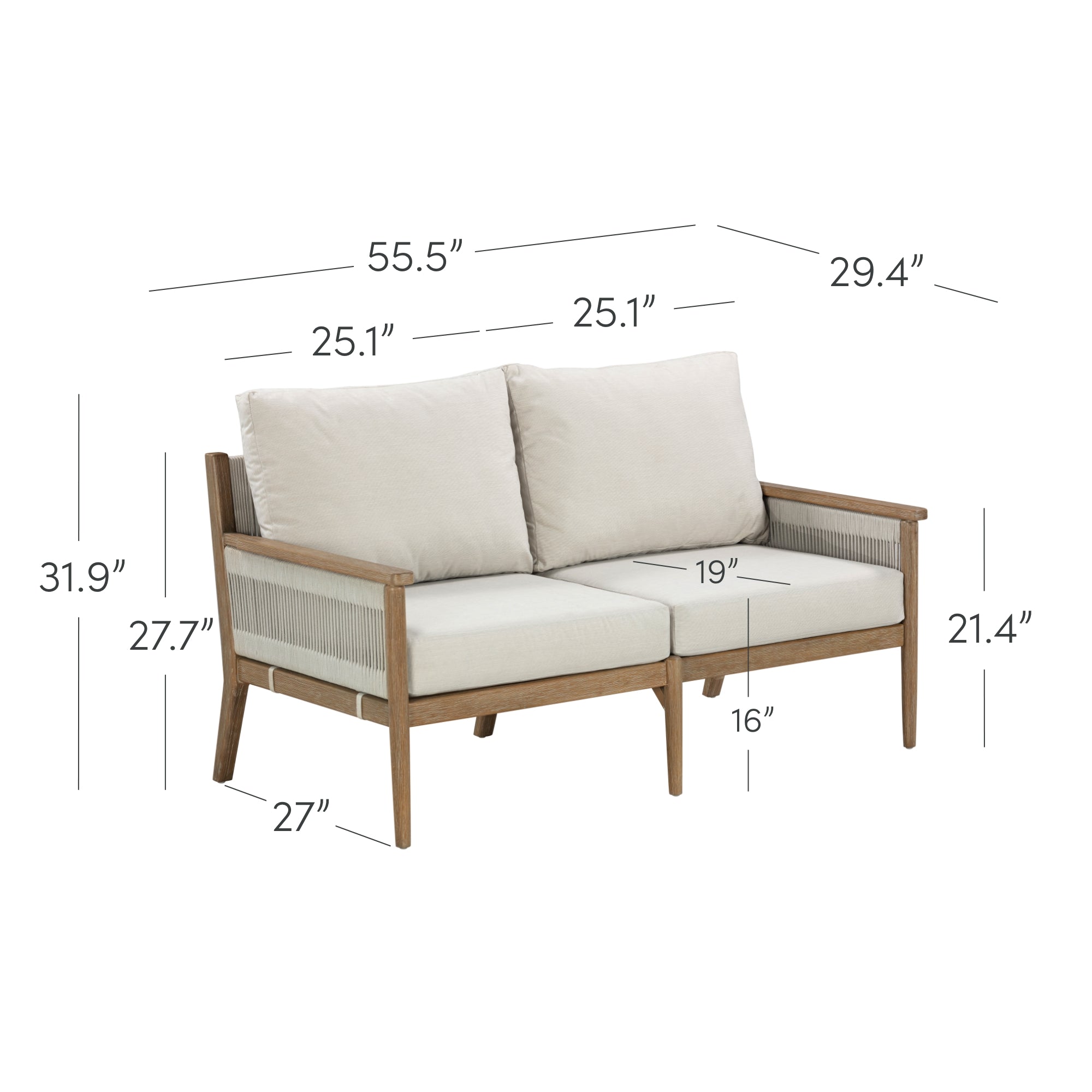 Wood & Rope Outdoor Patio Cushioned Loveseat