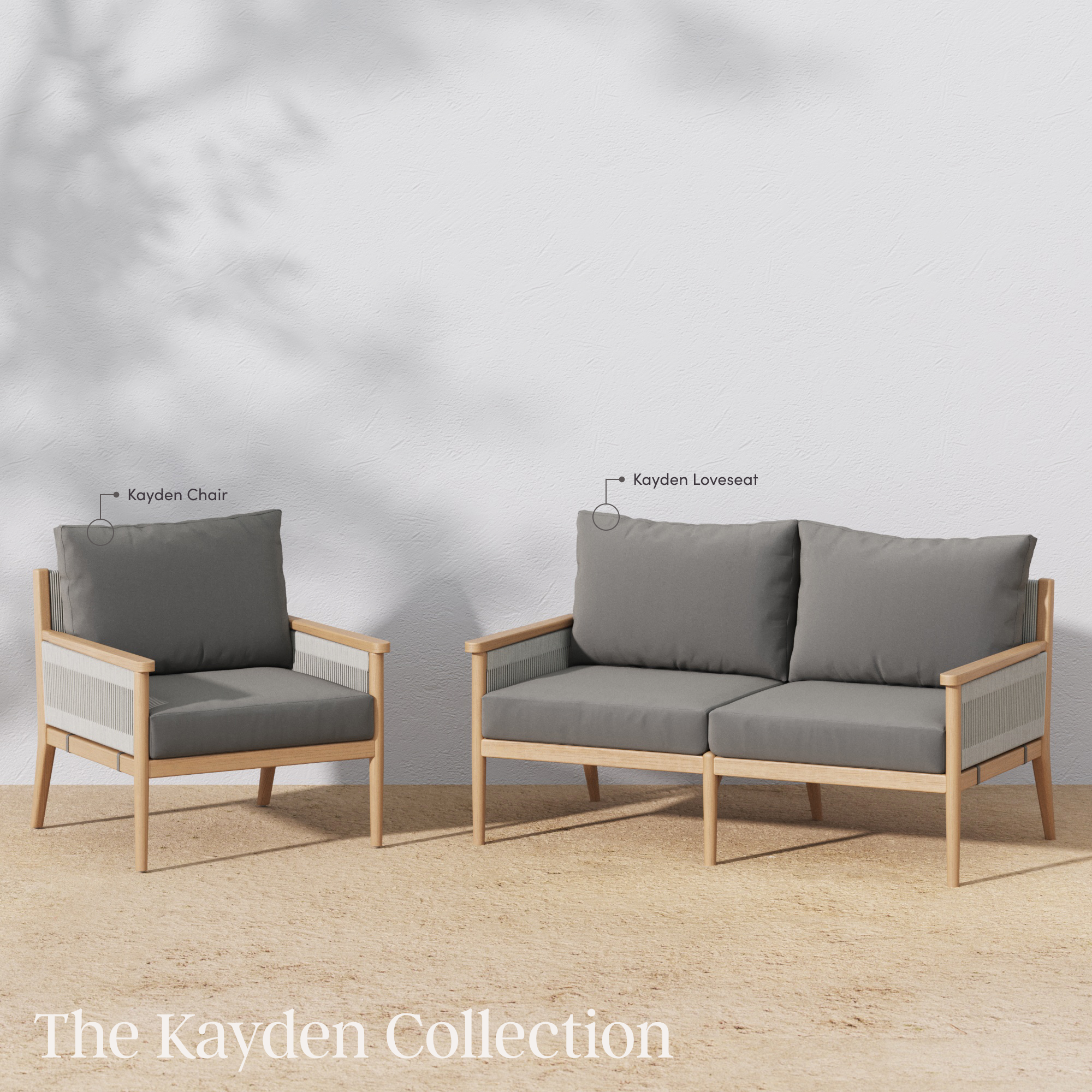 Outdoor furniture set with light wood frames and gray cushions, featuring a single armchair labeled Kayden Chair and a two-seat sofa labeled Kayden Loveseat against a white wall. Text reads: The Kayden Collection.
