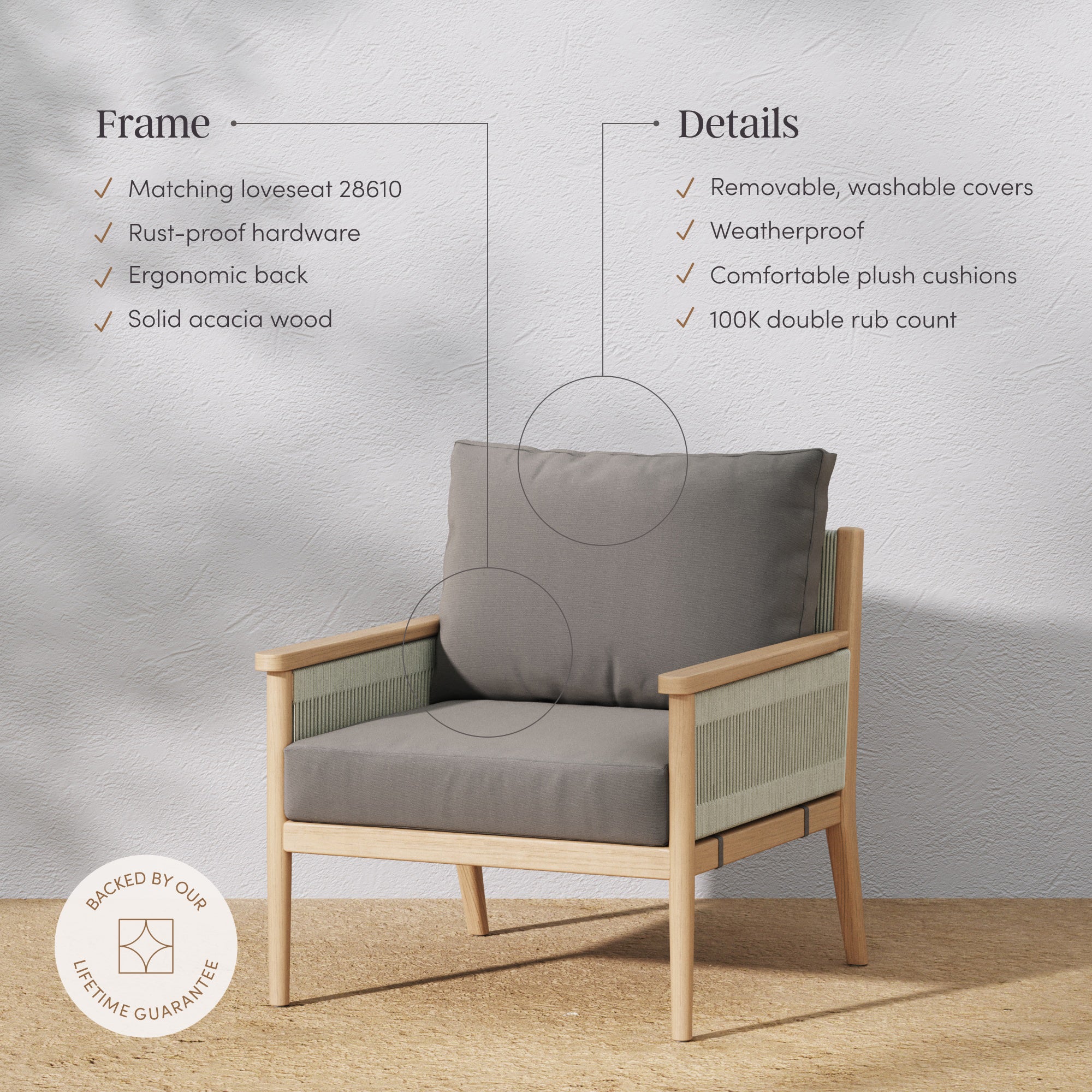 Kayden Outdoor Seating Wood Rope Medium Gray Arm Chair | Nathan James