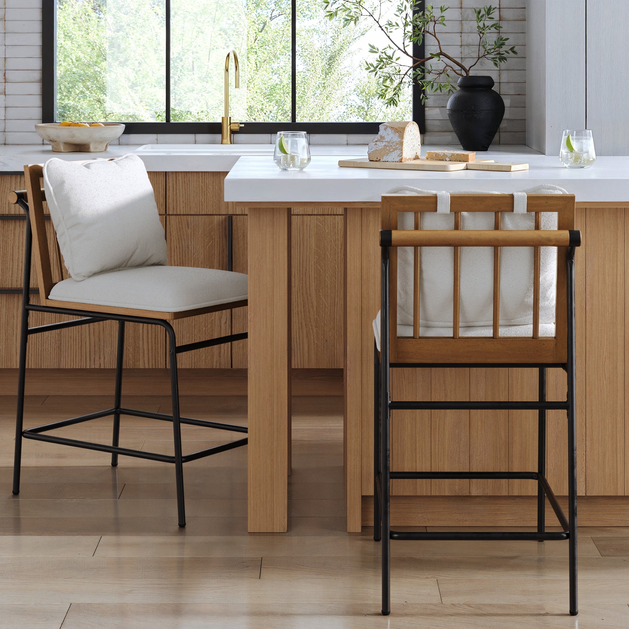 Metal Bar Stool with Cushion and Solid Wood Frame - Thumbnail 2