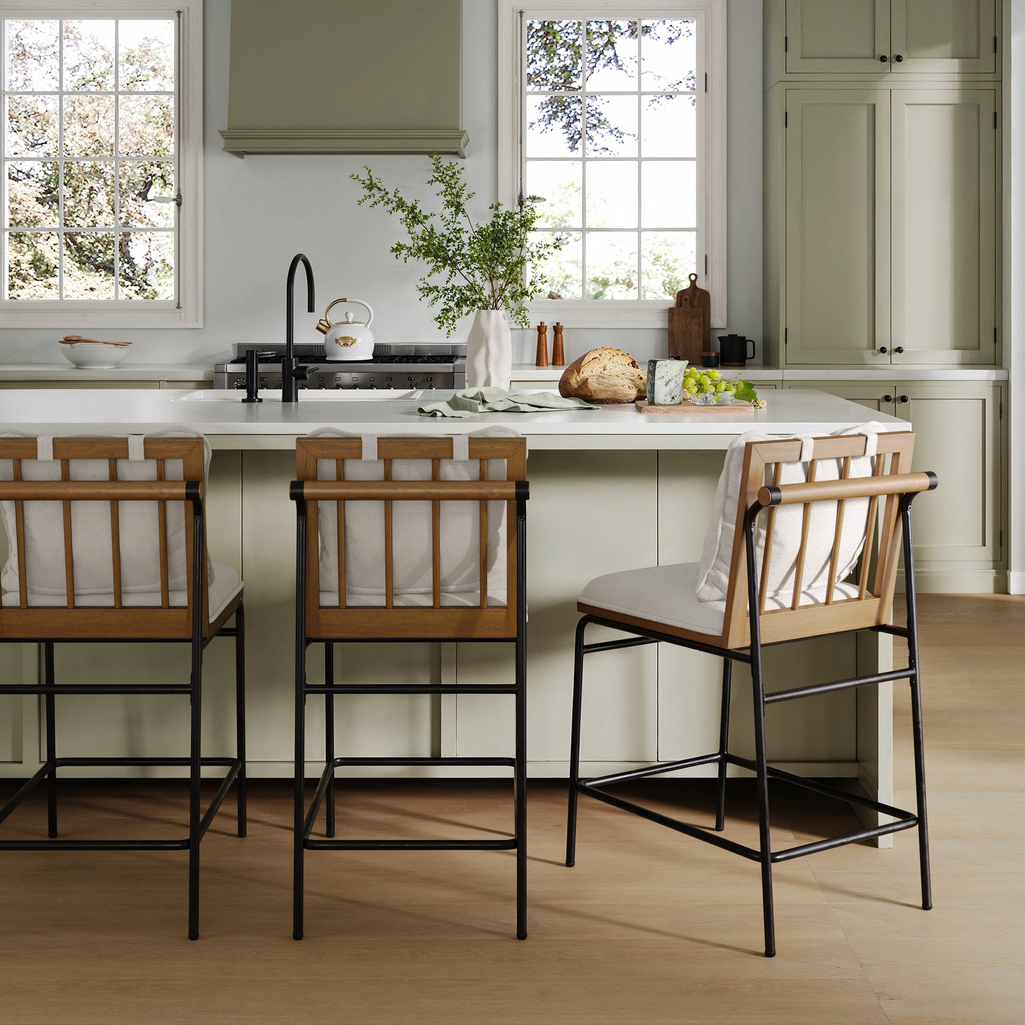 Metal Bar Stool with Cushion and Solid Wood Frame (Set of 3)