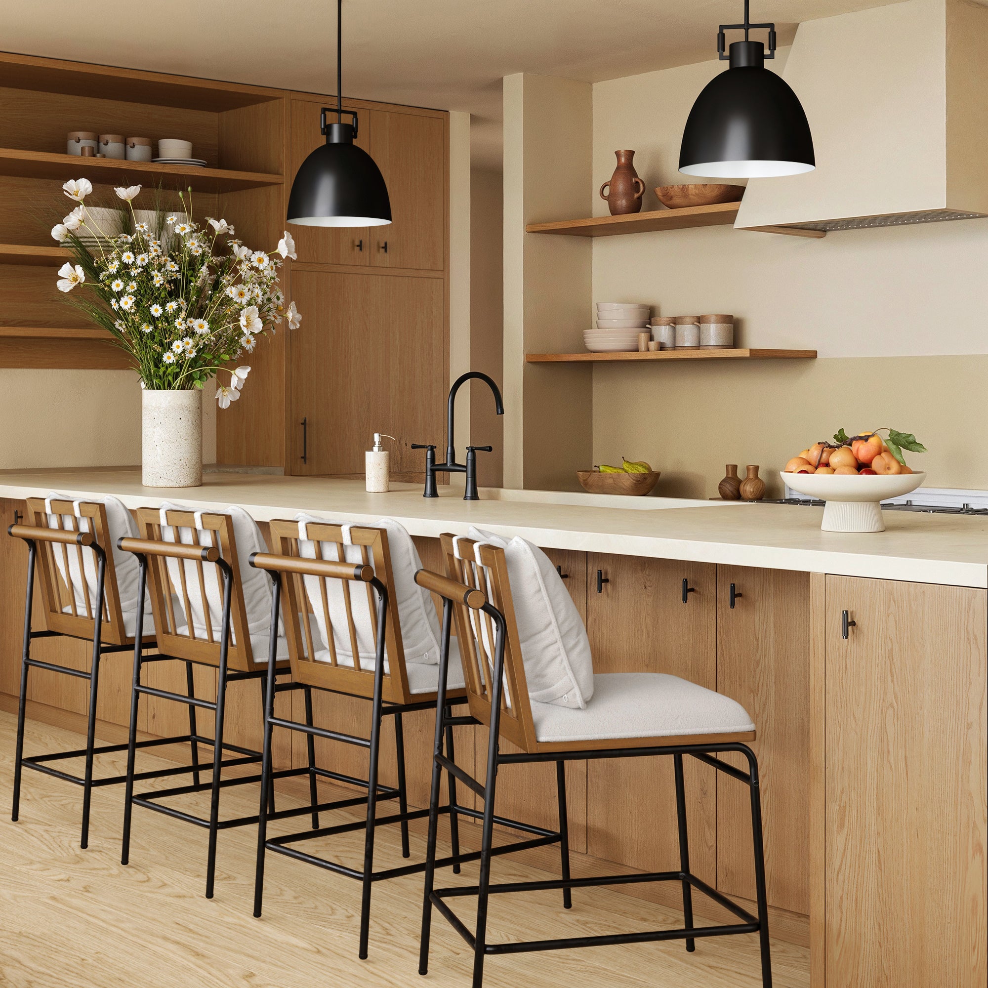 Metal Bar Stool with Cushion and Solid Wood Frame - Thumbnail 5