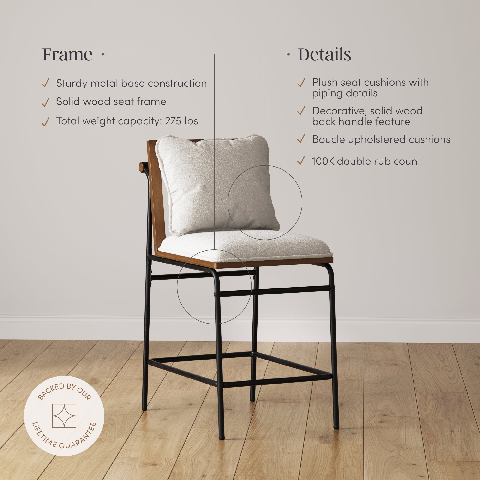 Metal Bar Stool with Cushion and Solid Wood Frame (Set of 4) - Nathan James