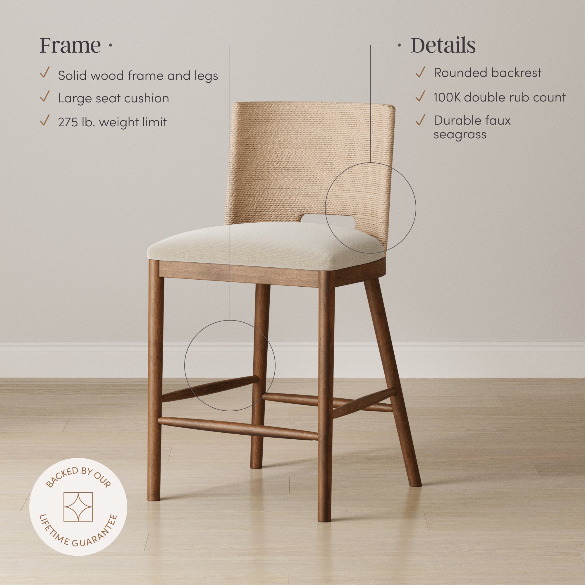 Seagrass Rope Back Counter Bar Stool Medium Brown (Set of 2) - Nathan James