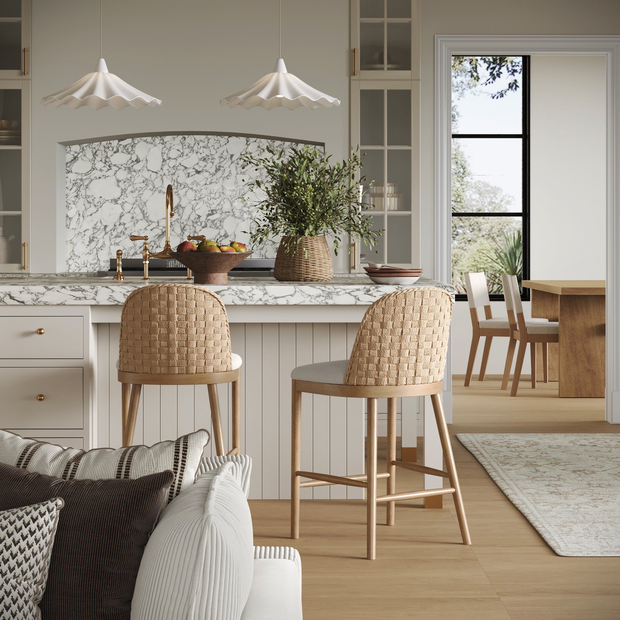 Woven Seagrass Back & Boucle Counter Bar Stool - Thumbnail 4