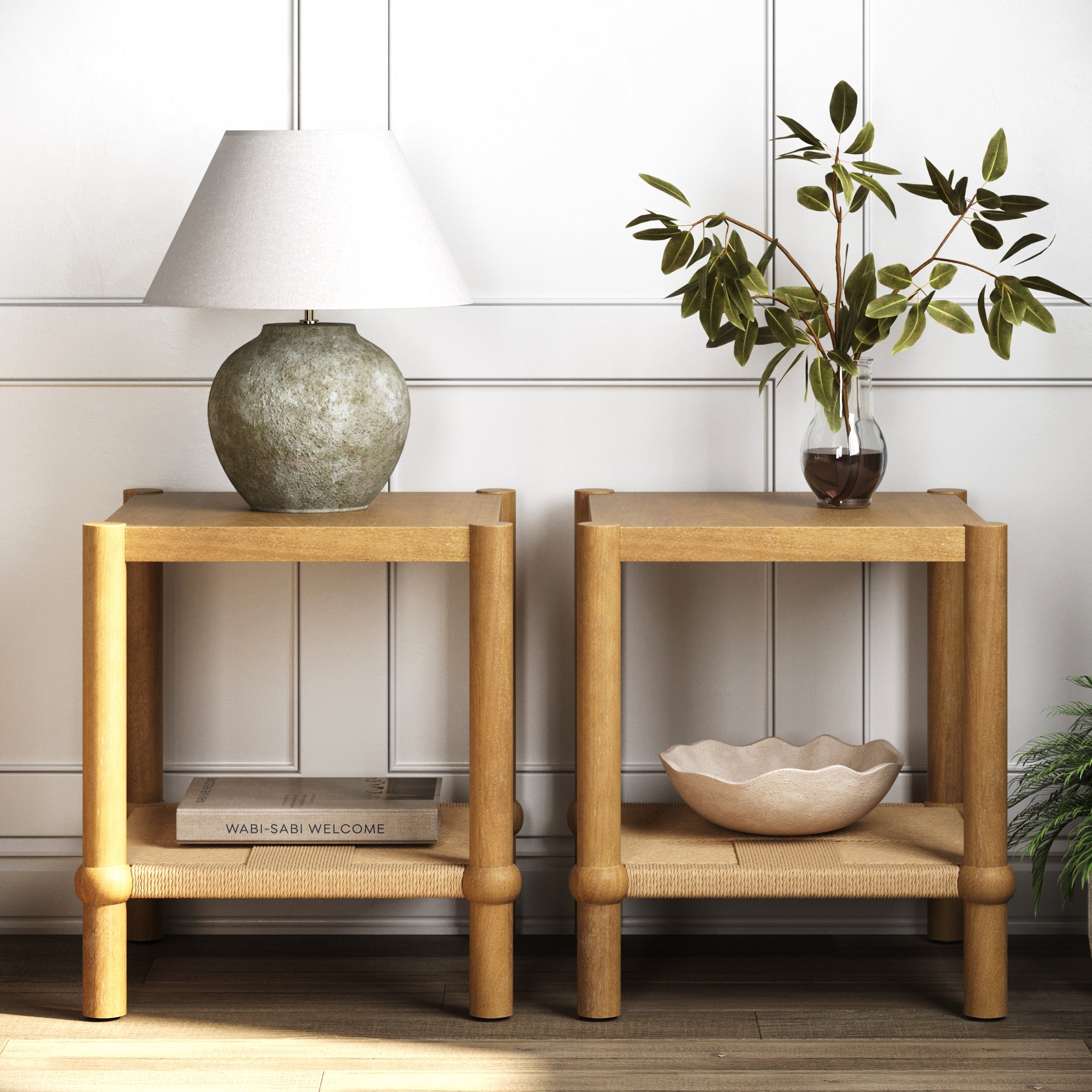 Wood 2 - Tier Coastal Side Table with Seagrass Shelf Light Brown Set of 2 - Nathan James