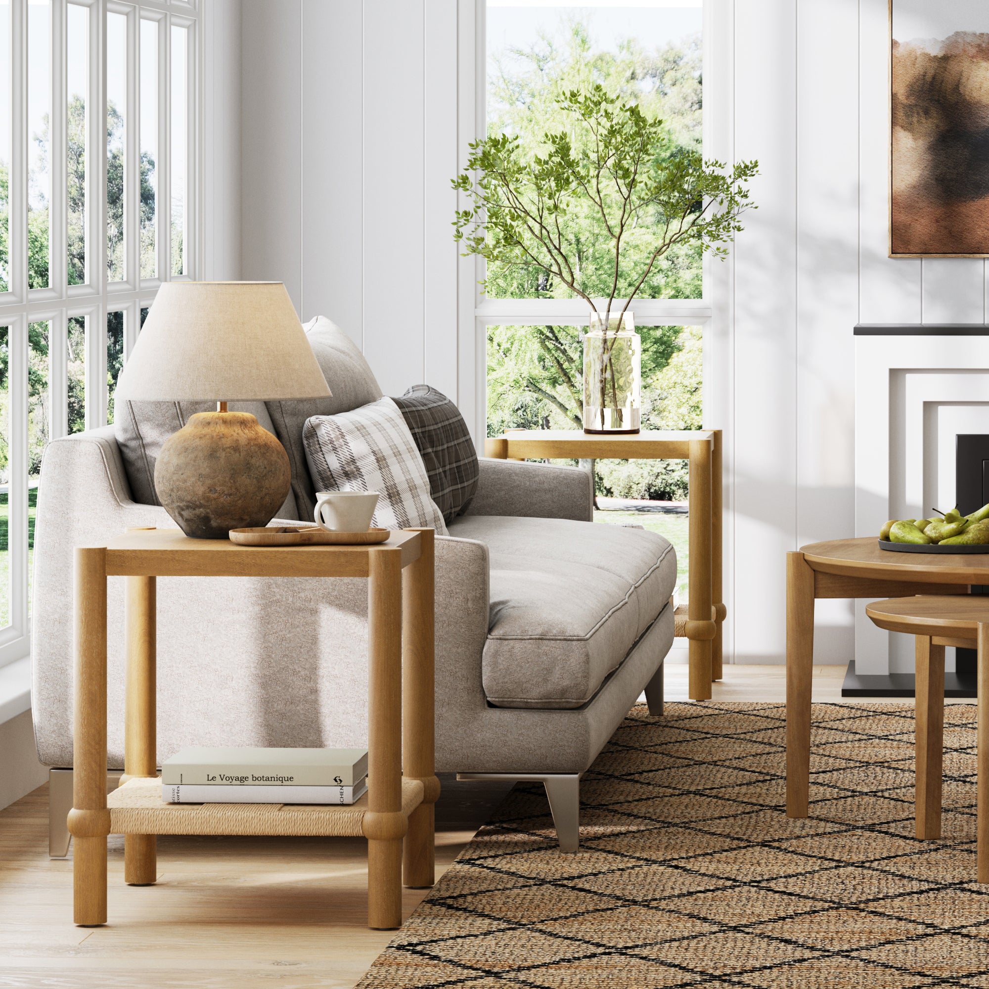 Wood 2 - Tier Coastal Side Table with Seagrass Shelf Light Brown Set of 2 - Nathan James