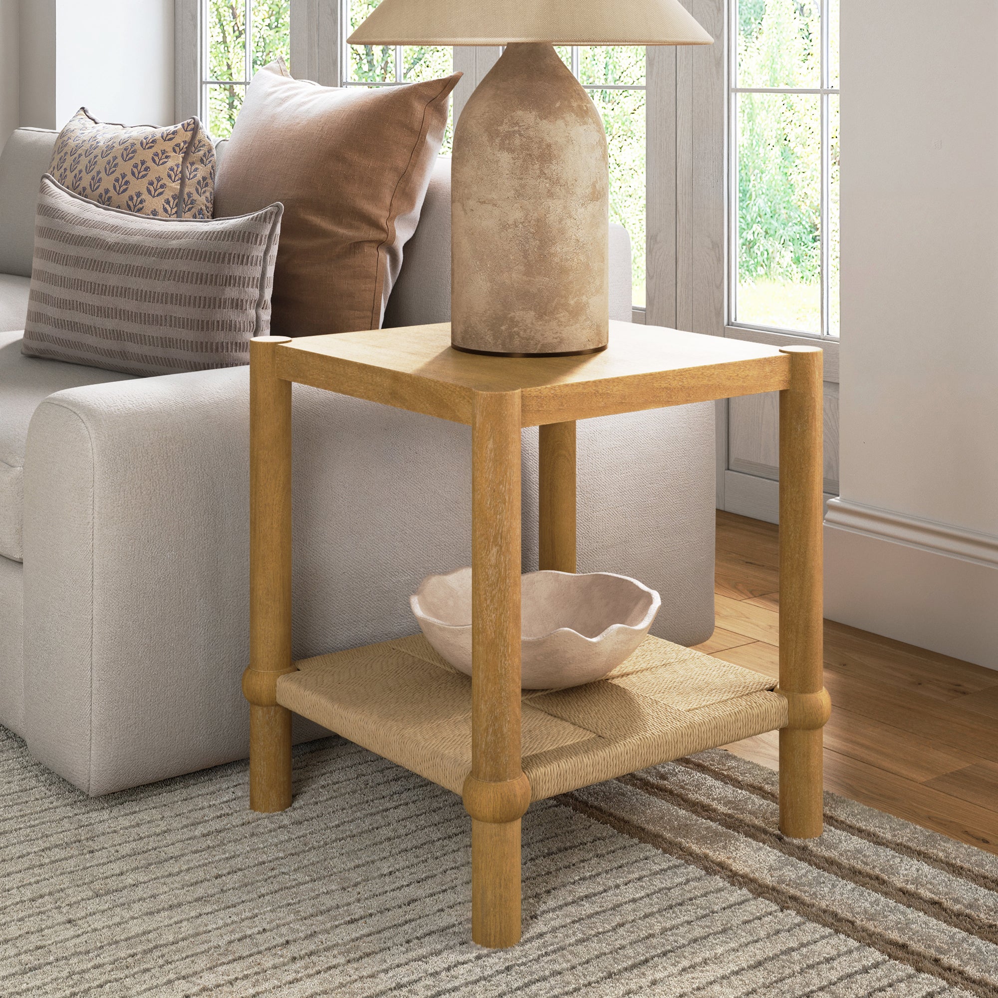 Wood 2 - Tier Coastal Side Table with Seagrass Shelf Light Brown - Nathan James