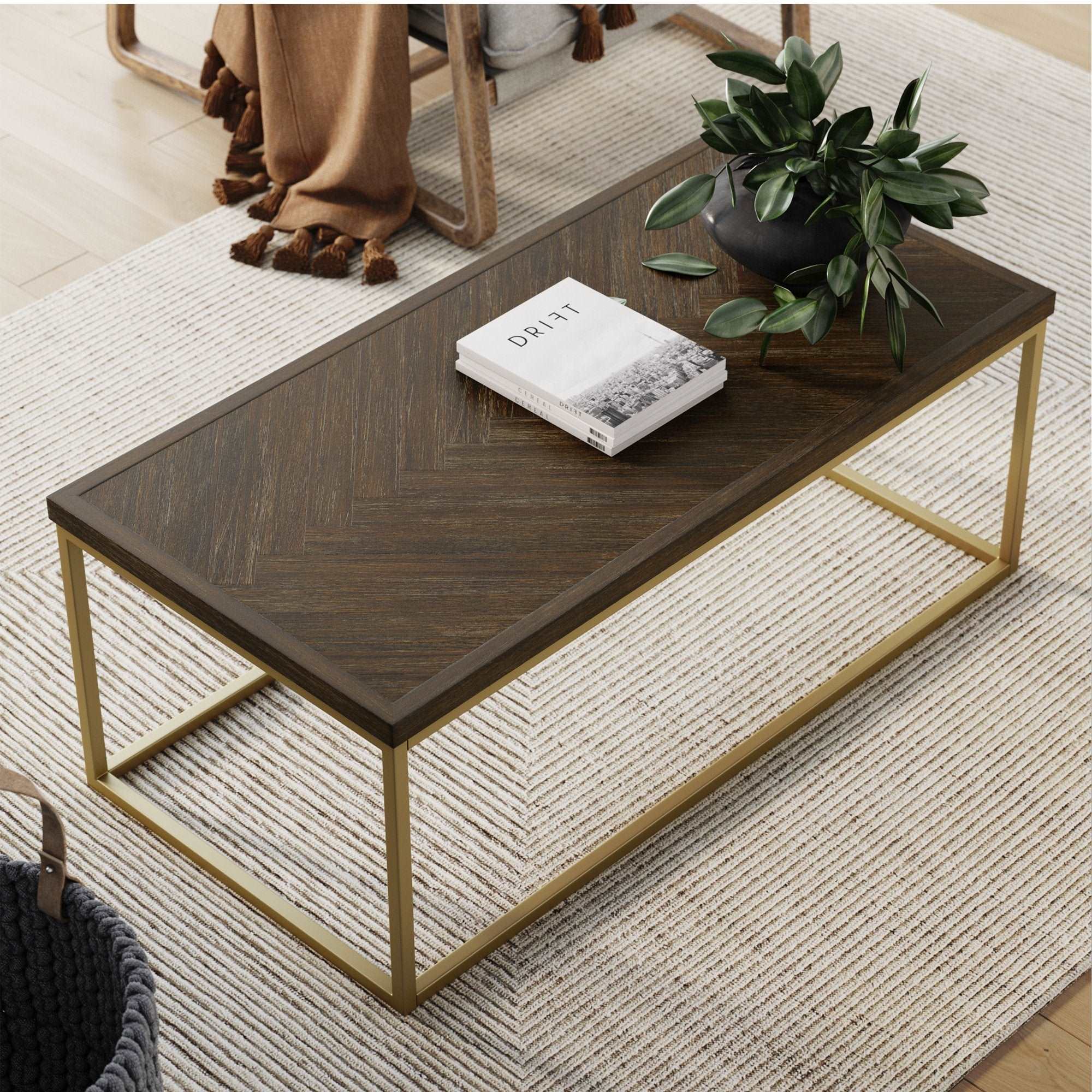 Wood Herringbone & Metal Coffee Table | Doxa Brushed Dark Brown-Gold
