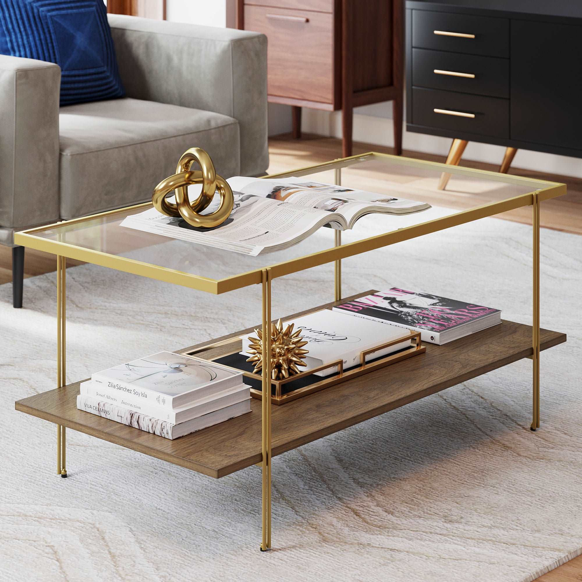 Glass Top Modern Coffee Table | Asher Reclaimed Oak-Gold
