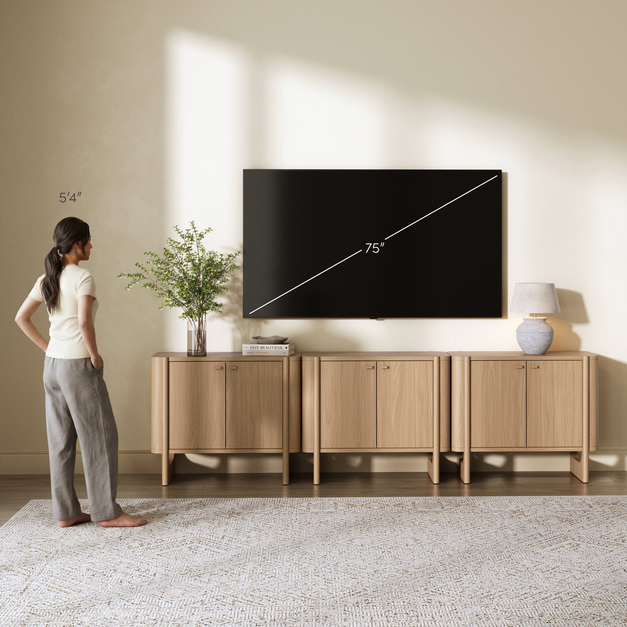 Mid-Century Modern Solid Wood Accent Cabinet Credenza Raw Oak (Set of 3) - Nathan James
