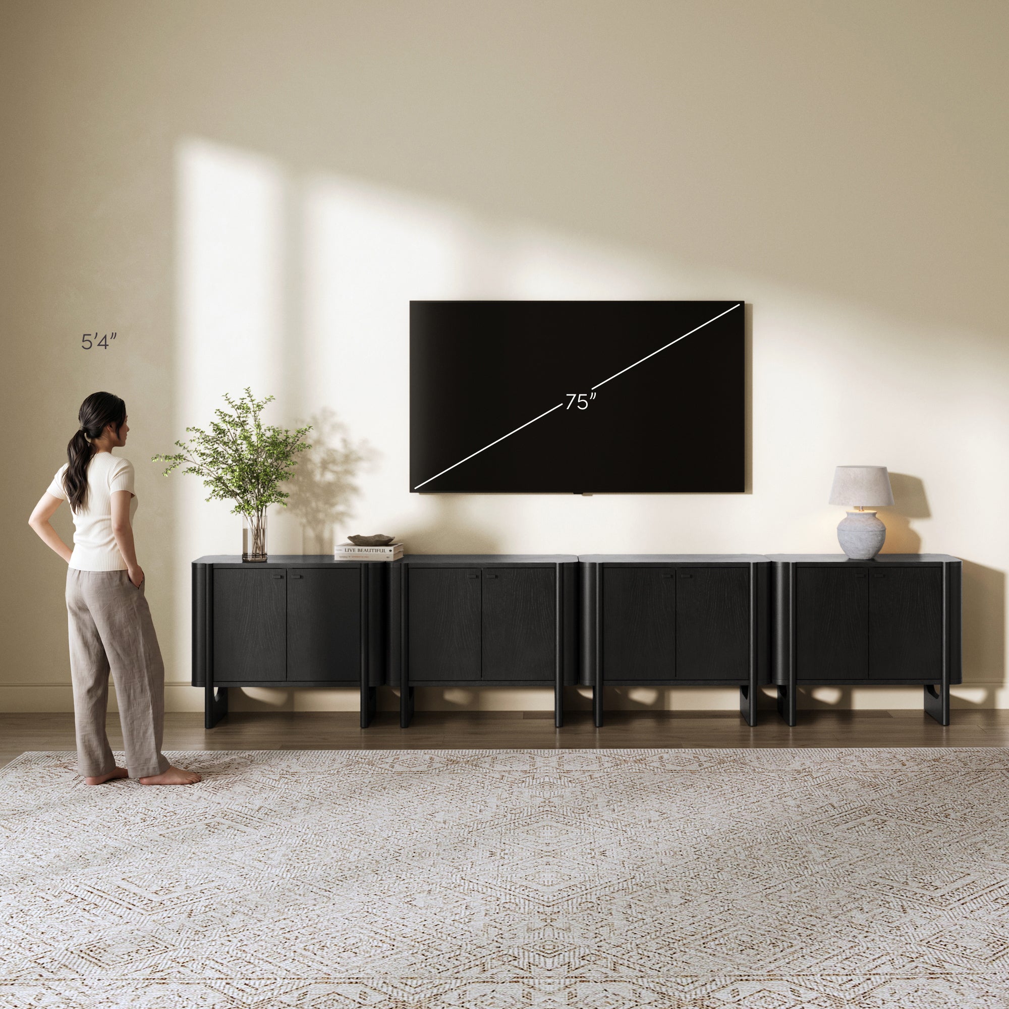 Mid-Century Modern Solid Wood Large Kitchen Credenza Black (Set of 4) - Nathan James