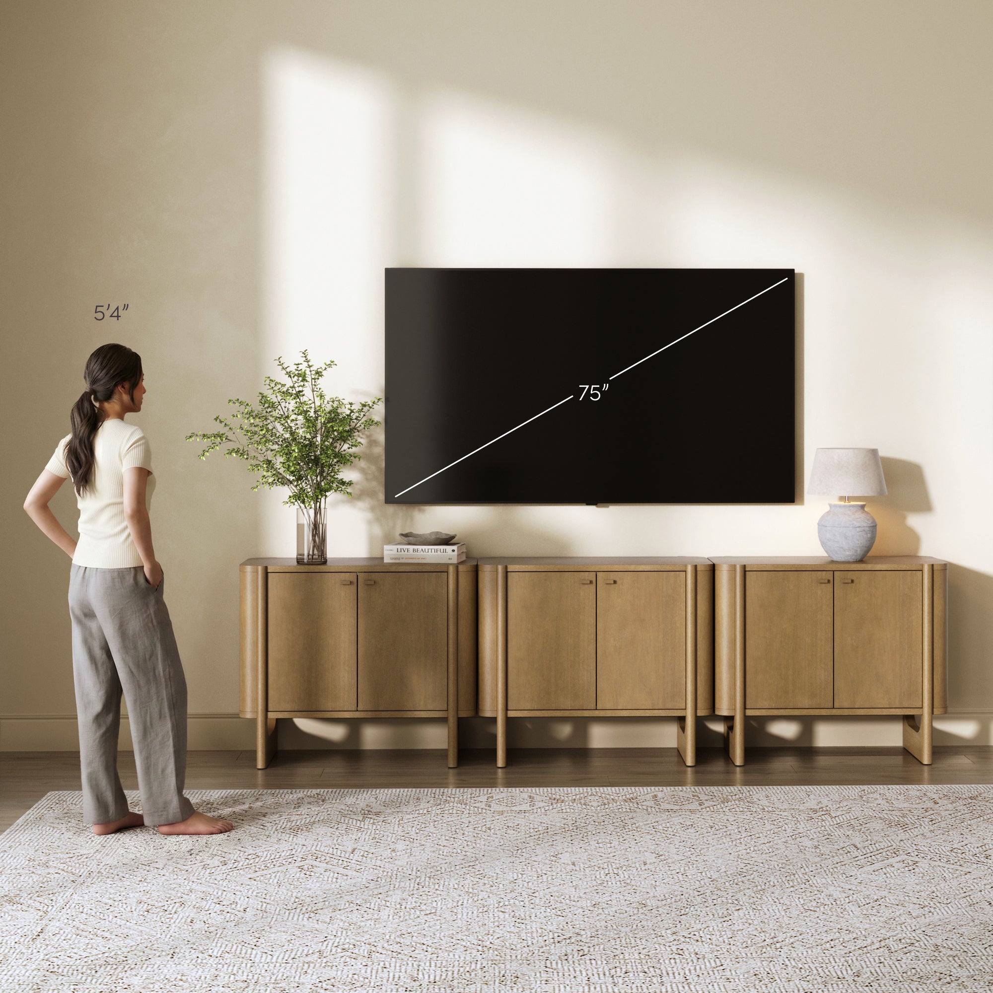 Mid-Century Modern Solid Wood Accent Cabinet Credenza Light Brown (Set of 3) - Nathan James