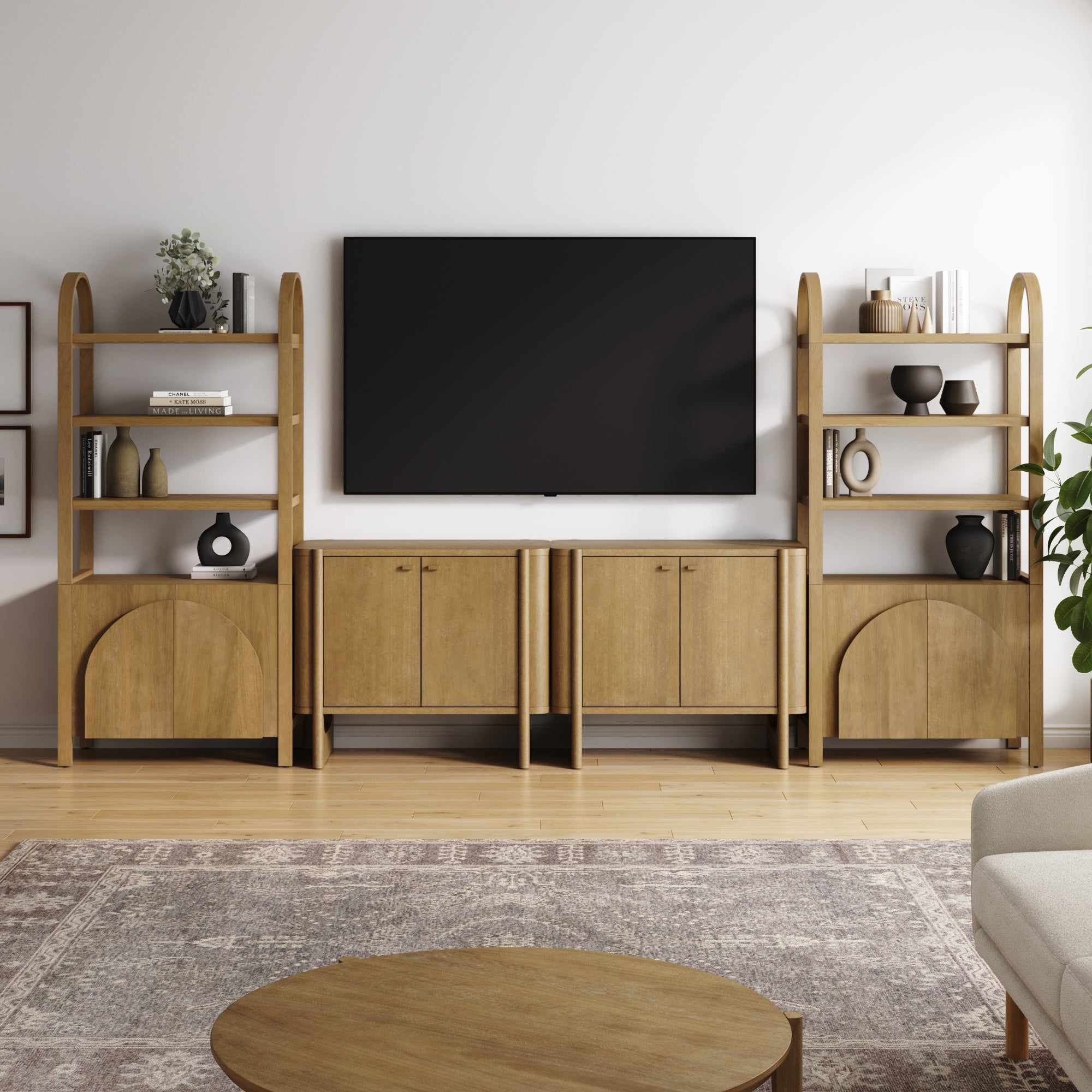 Wooden Arched Entertainment Center with Storage and Bookcase for 65" TVs Light Brown - Nathan James
