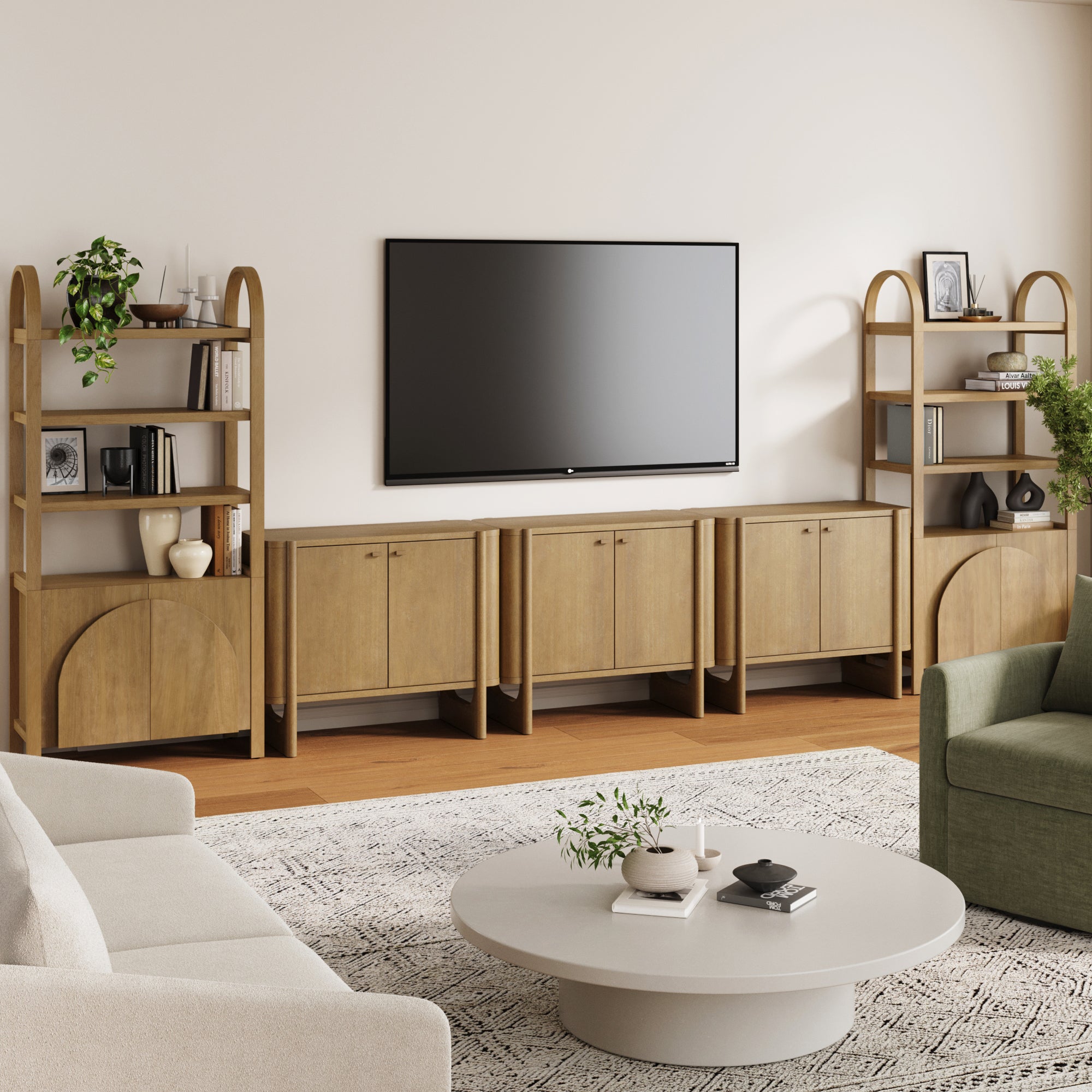 Wooden Arched Entertainment Center with Storage and Bookcase for 75" TVs Light Brown - Nathan James